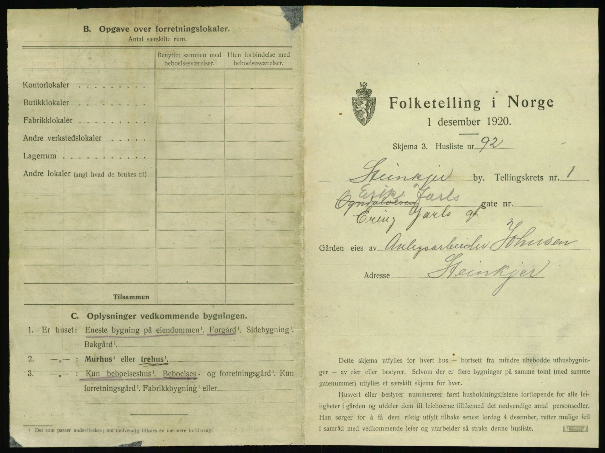 SAT, 1920 census for Steinkjer, 1920, p. 250