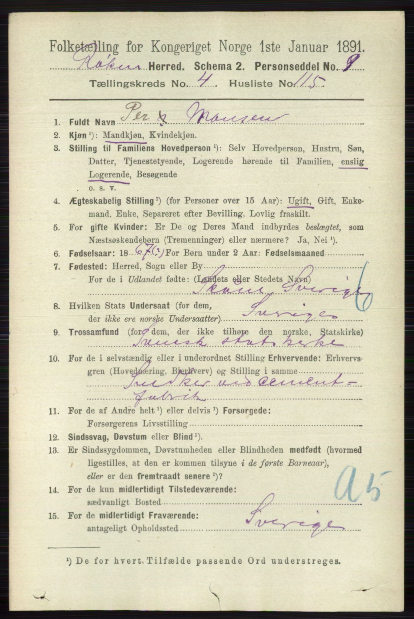 RA, 1891 census for 0627 Røyken, 1891, p. 2753