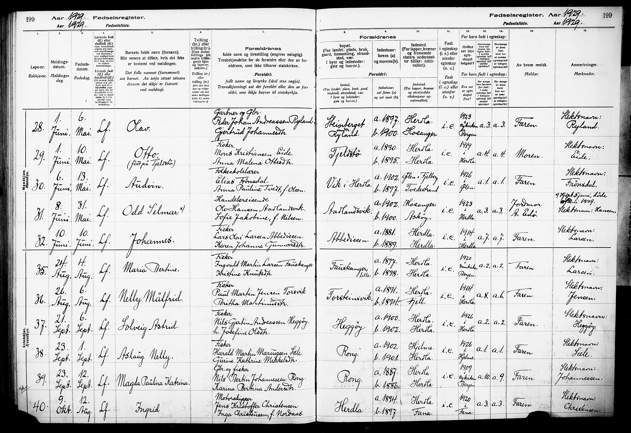 Herdla Sokneprestembete, AV/SAB-A-75701/I/Id/L00A1: Birth register no. A 1, 1916-1929, p. 199