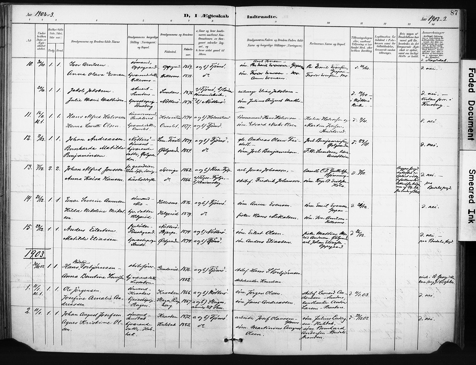Tjøme kirkebøker, AV/SAKO-A-328/F/Fa/L0005: Parish register (official) no. I 5, 1901-1909, p. 87