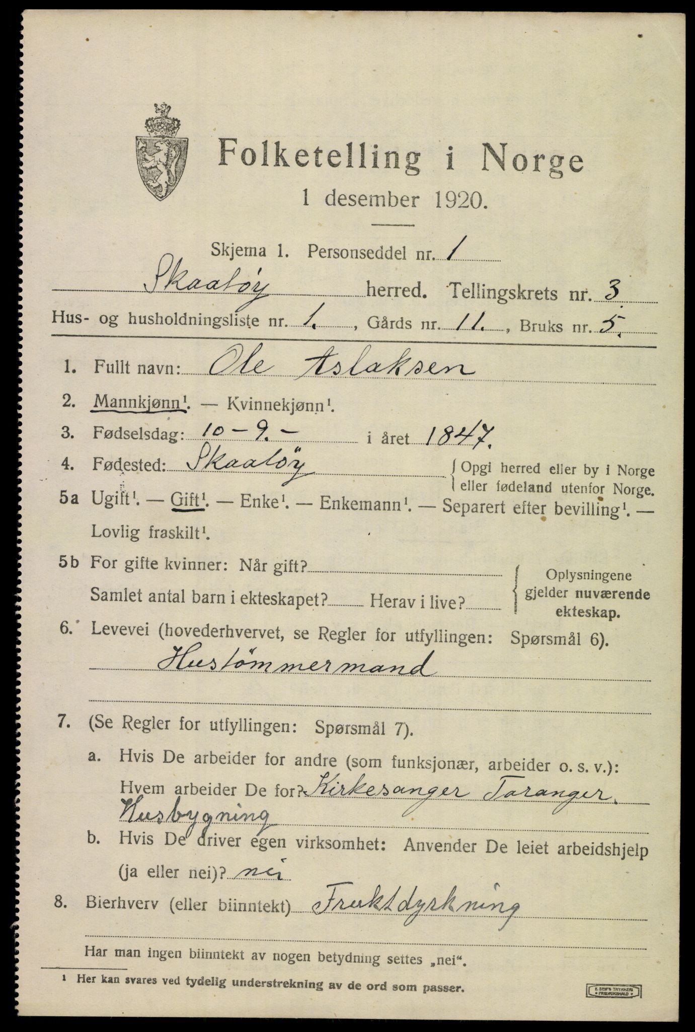 SAKO, 1920 census for Skåtøy, 1920, p. 2790