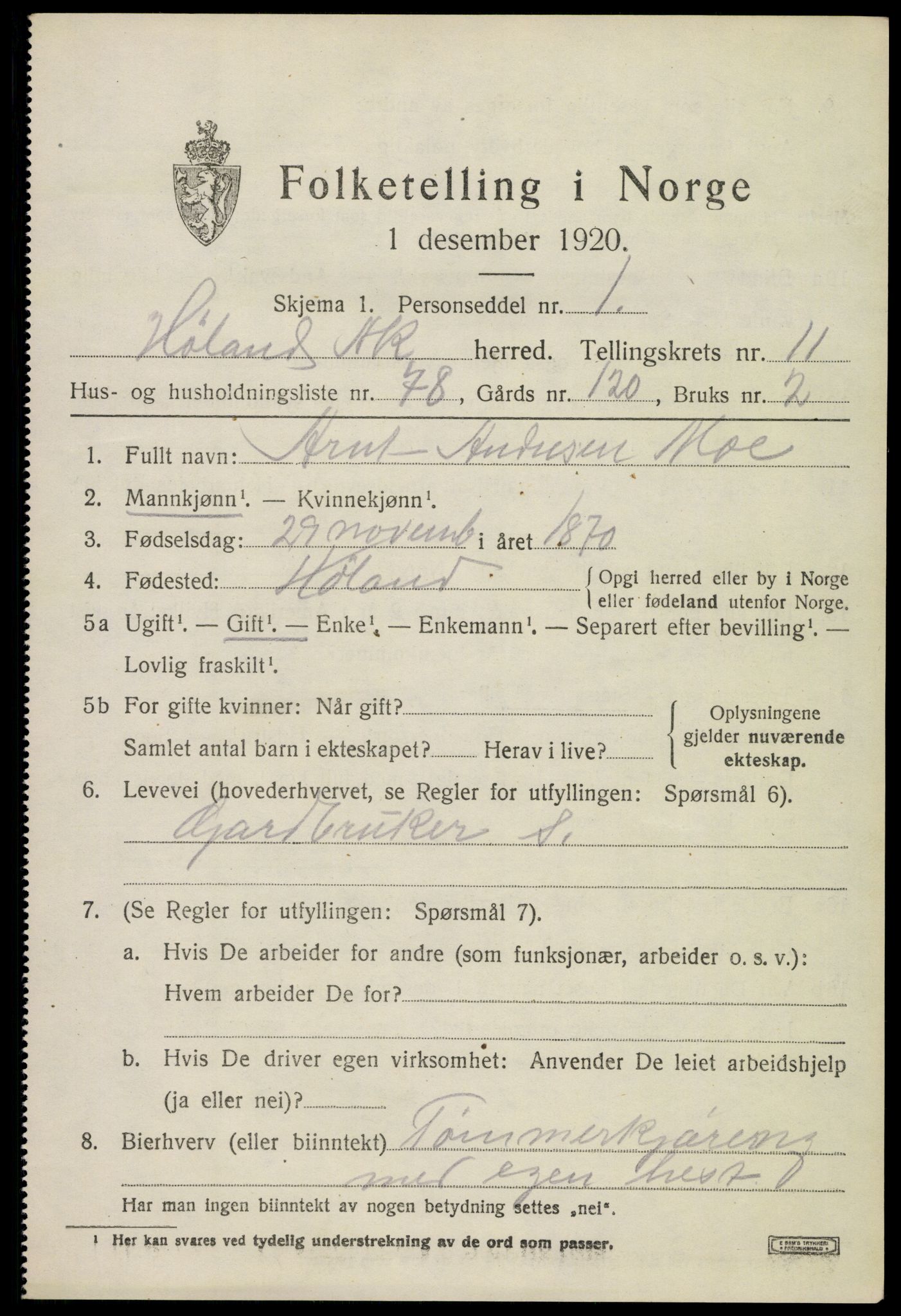 SAO, 1920 census for Høland, 1920, p. 11627