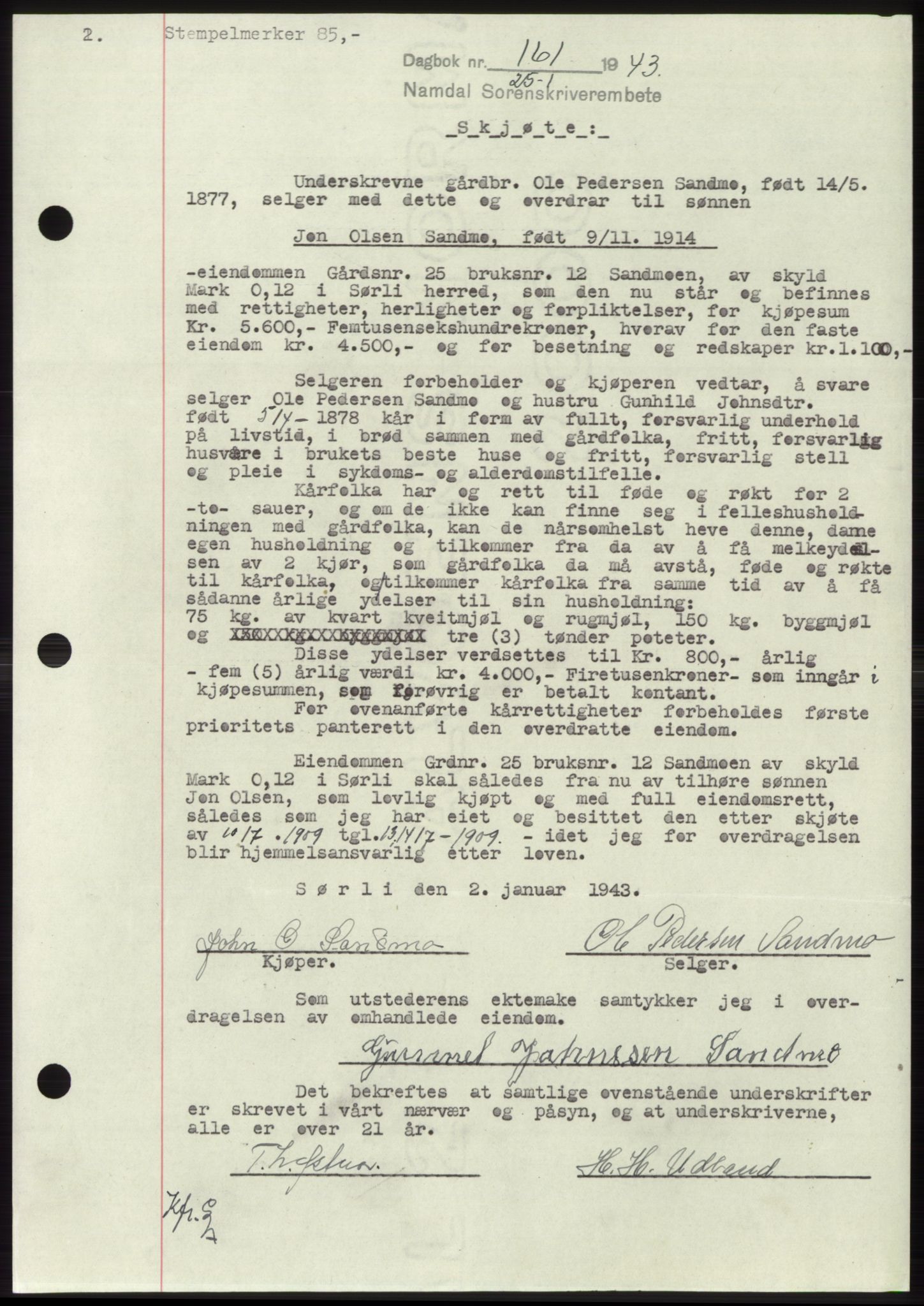 Namdal sorenskriveri, SAT/A-4133/1/2/2C: Mortgage book no. -, 1942-1943, Diary no: : 161/1943