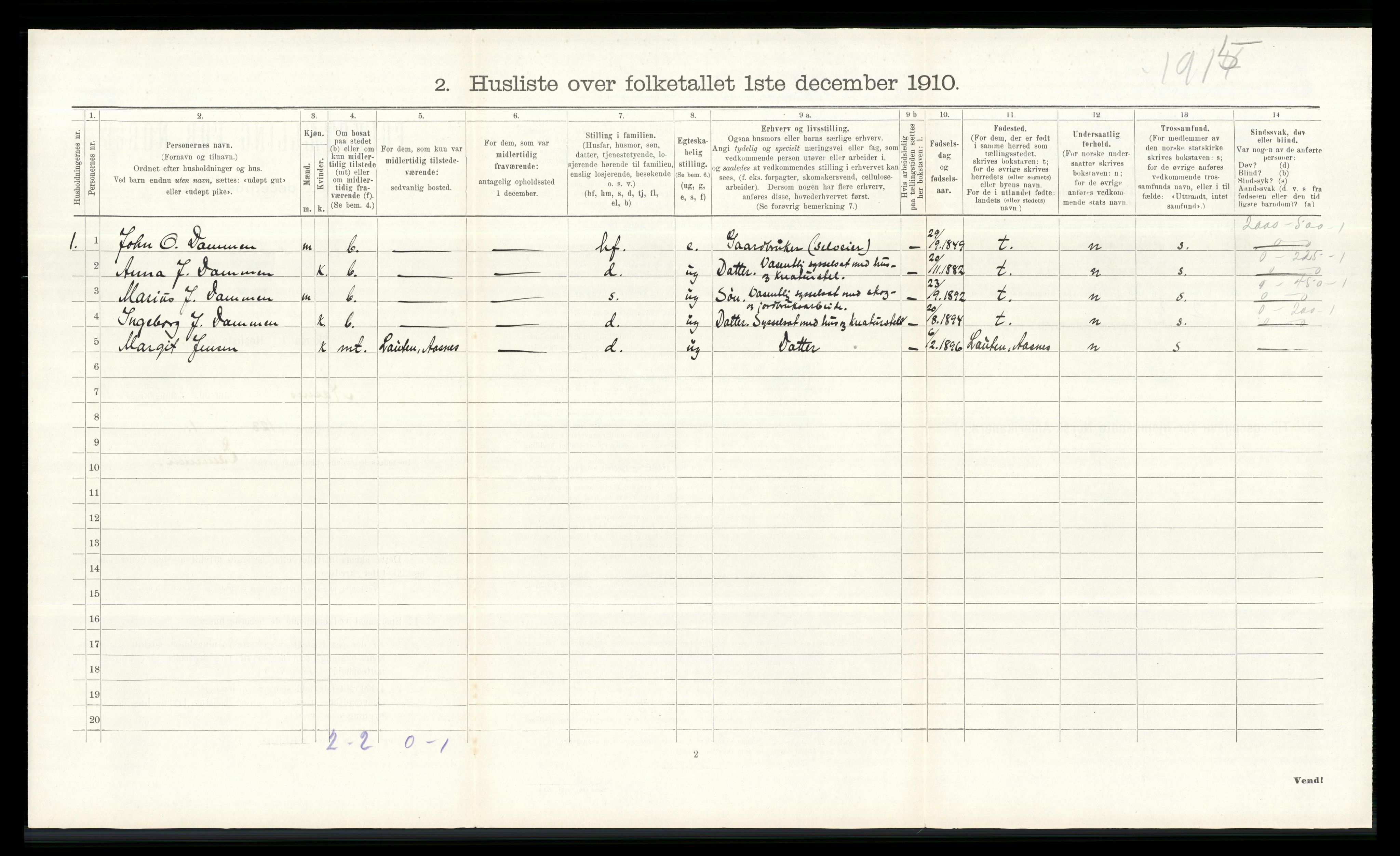 RA, 1910 census for Åsnes, 1910, p. 1695