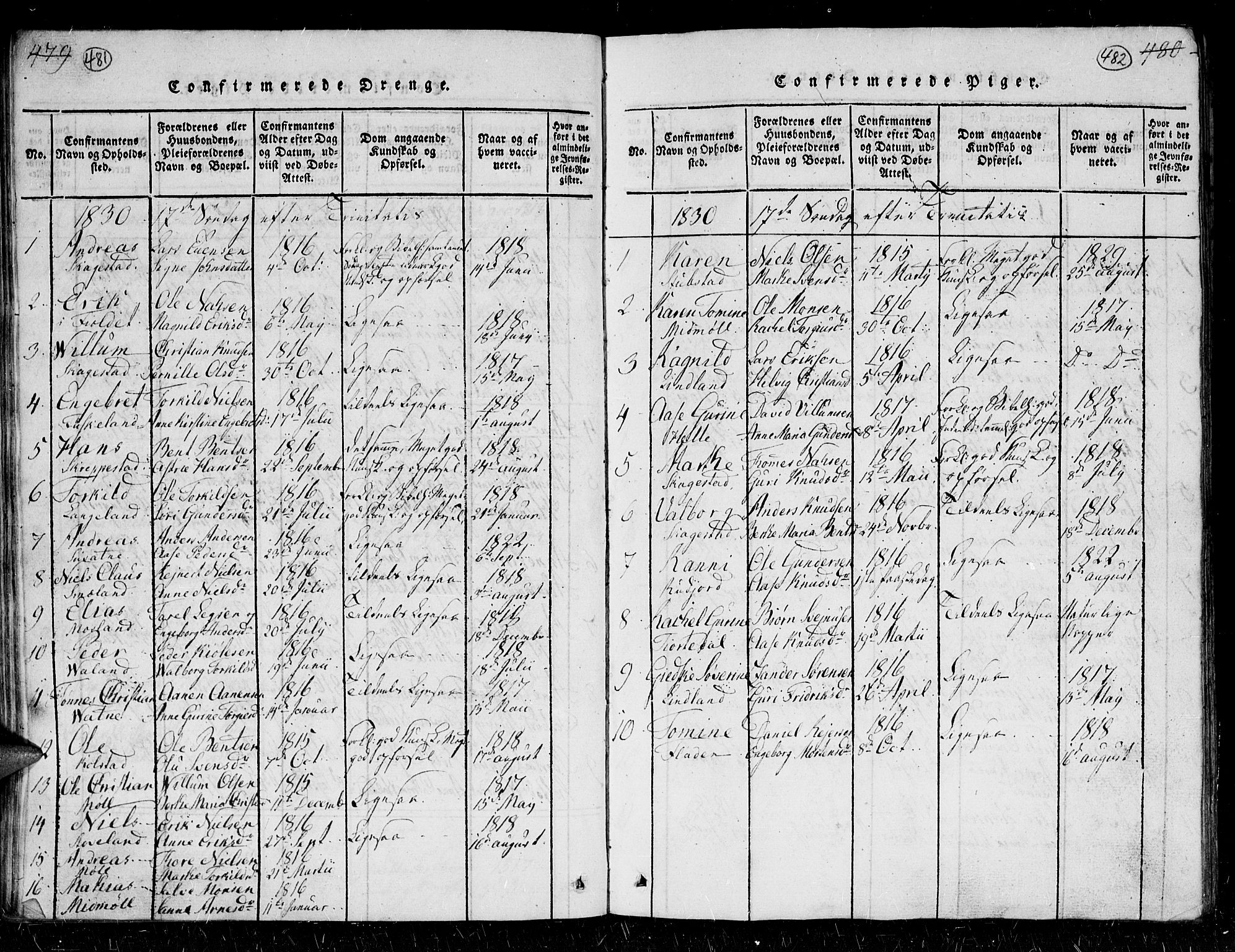 Holum sokneprestkontor, SAK/1111-0022/F/Fb/Fba/L0002: Parish register (copy) no. B 2, 1820-1849, p. 481-482