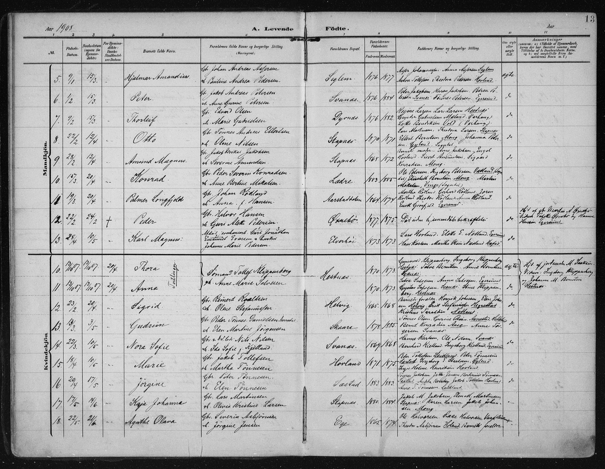 Eigersund sokneprestkontor, AV/SAST-A-101807/S08/L0021: Parish register (official) no. A 20, 1906-1928, p. 13