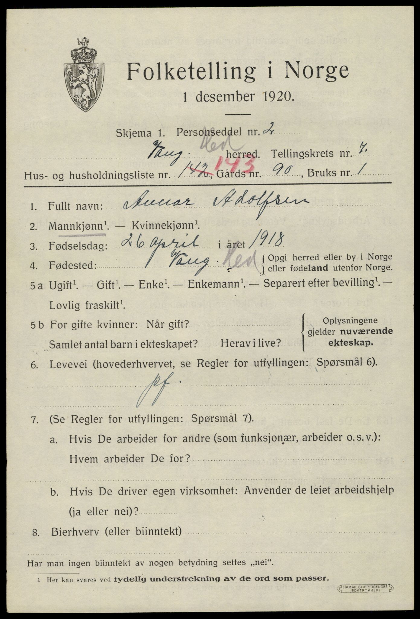 SAH, 1920 census for Vang (Hedmark), 1920, p. 17439