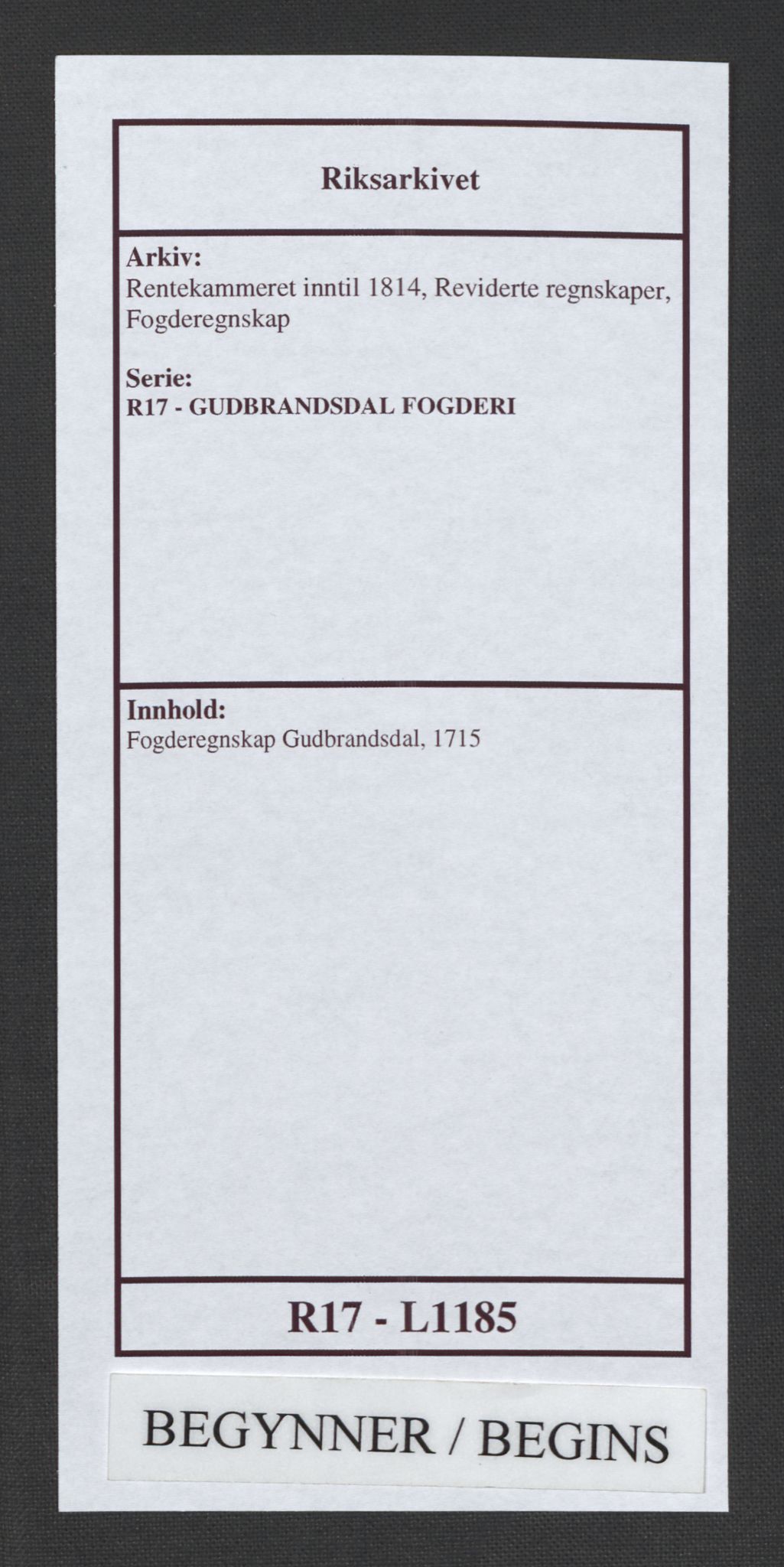 Rentekammeret inntil 1814, Reviderte regnskaper, Fogderegnskap, RA/EA-4092/R17/L1185: Fogderegnskap Gudbrandsdal, 1715, p. 1