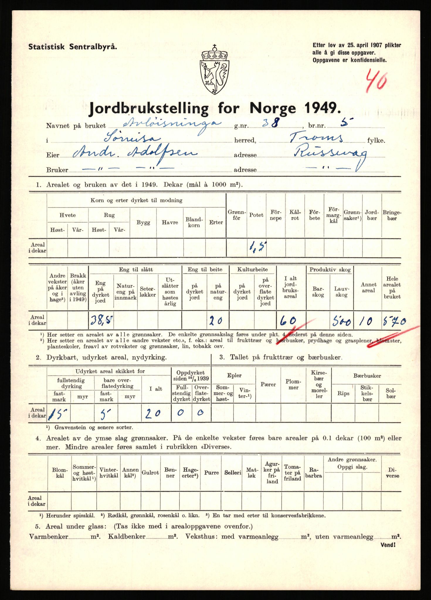 Statistisk sentralbyrå, Næringsøkonomiske emner, Jordbruk, skogbruk, jakt, fiske og fangst, AV/RA-S-2234/G/Gc/L0440: Troms: Sørreisa og Dyrøy, 1949, p. 664