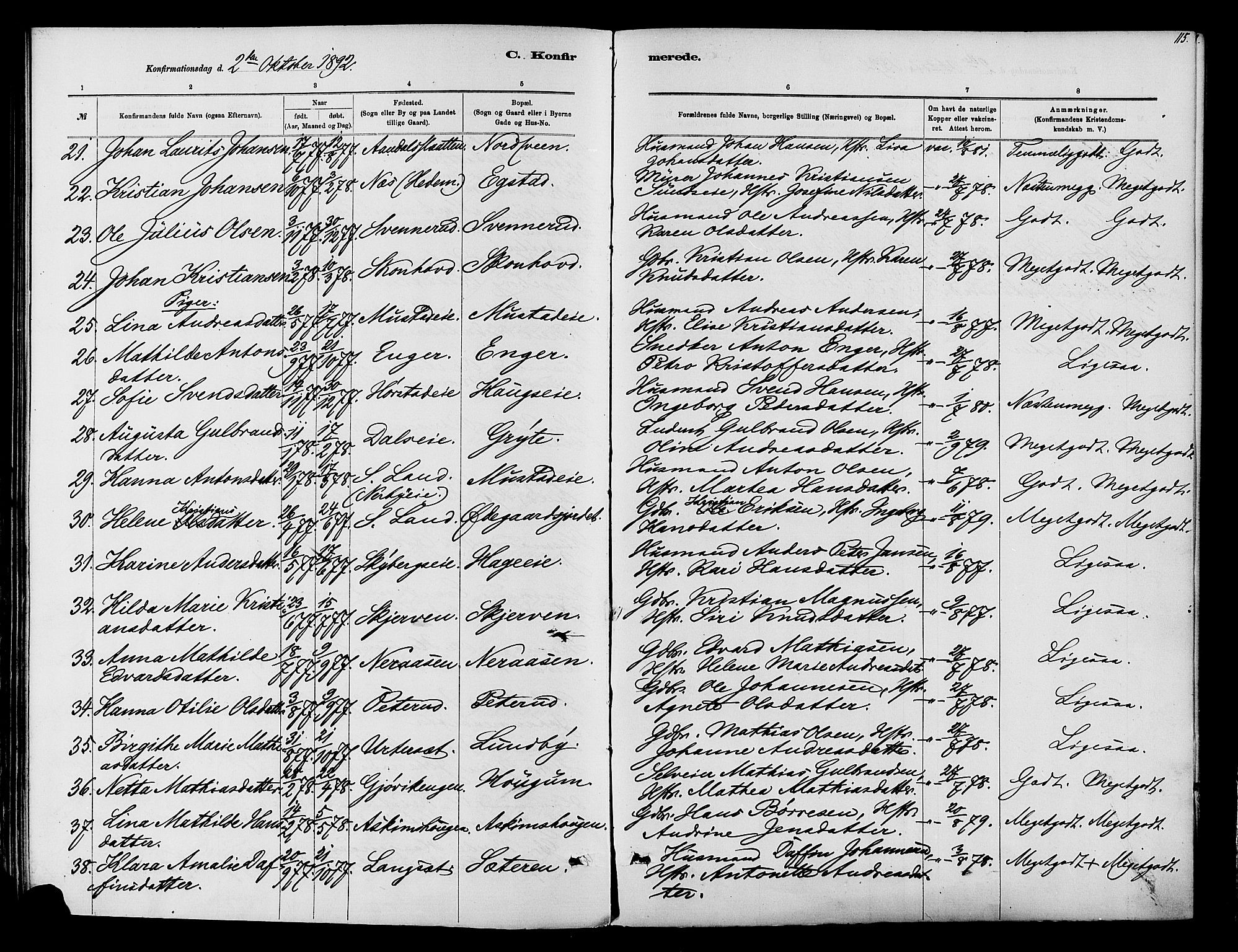 Vardal prestekontor, AV/SAH-PREST-100/H/Ha/Haa/L0010: Parish register (official) no. 10, 1878-1893, p. 115