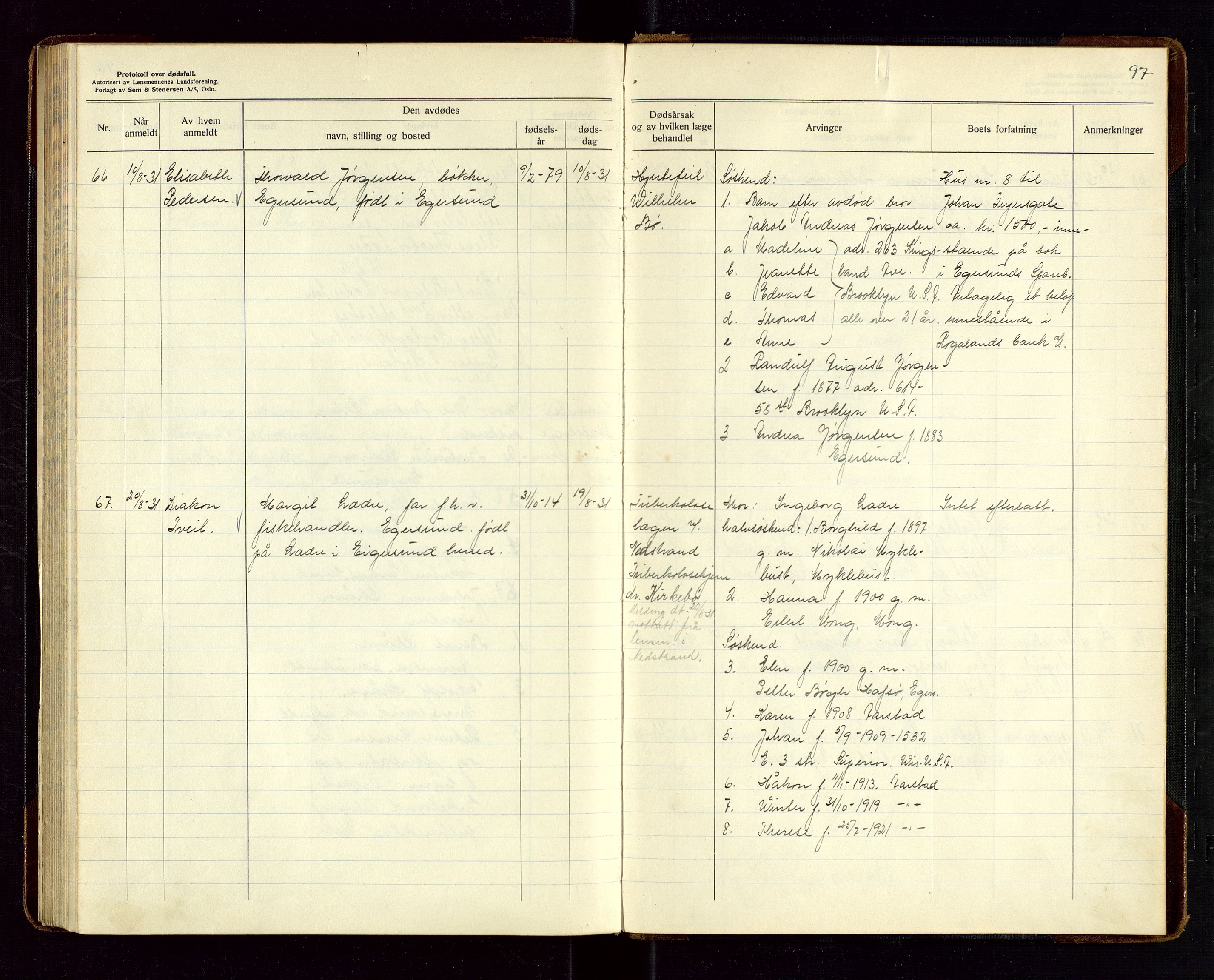 Eigersund lensmannskontor, AV/SAST-A-100171/Gga/L0011: "Protokoll over anmeldte dødsfall" m/alfabetisk navneregister, 1928-1931, p. 97