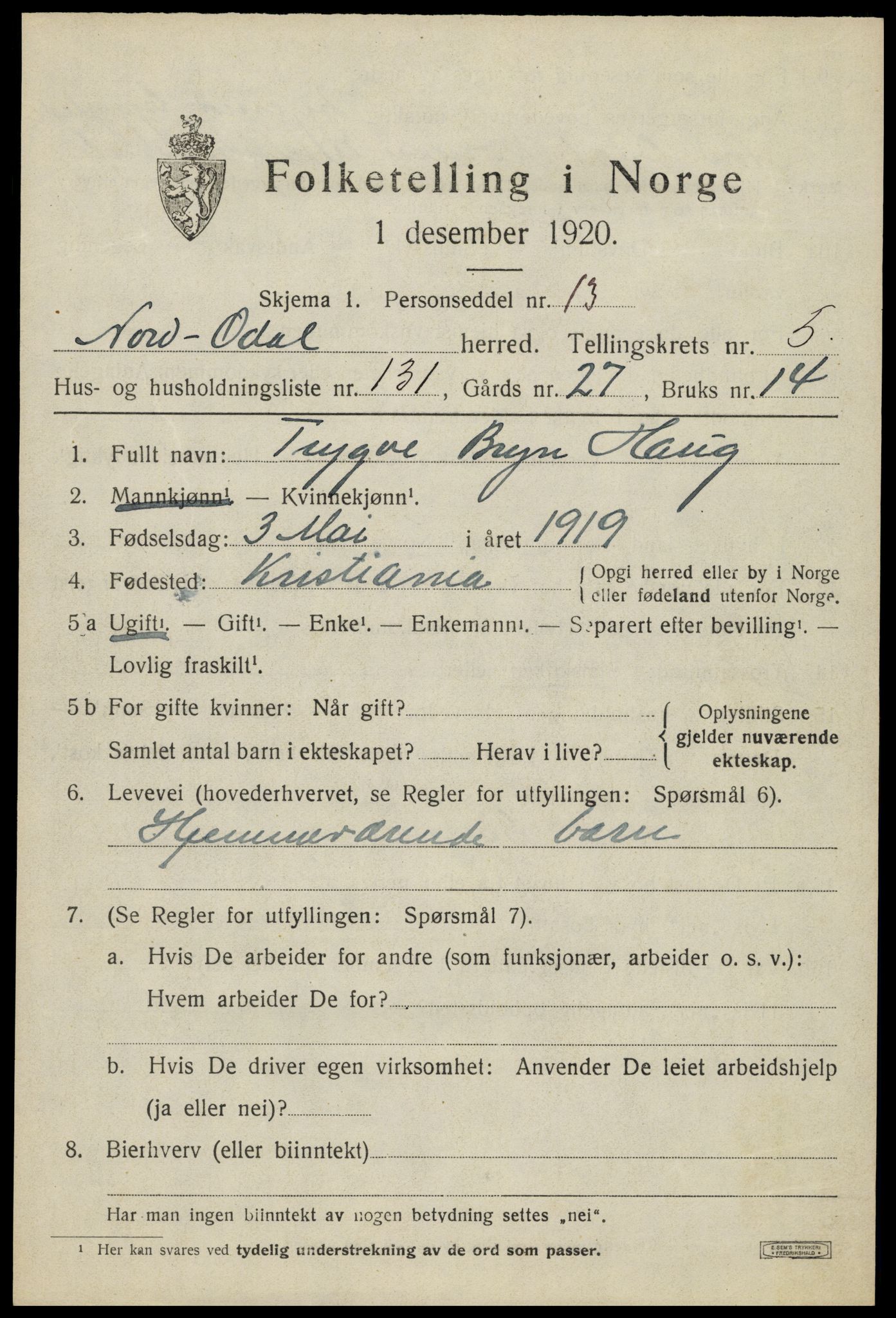 SAH, 1920 census for Nord-Odal, 1920, p. 6565