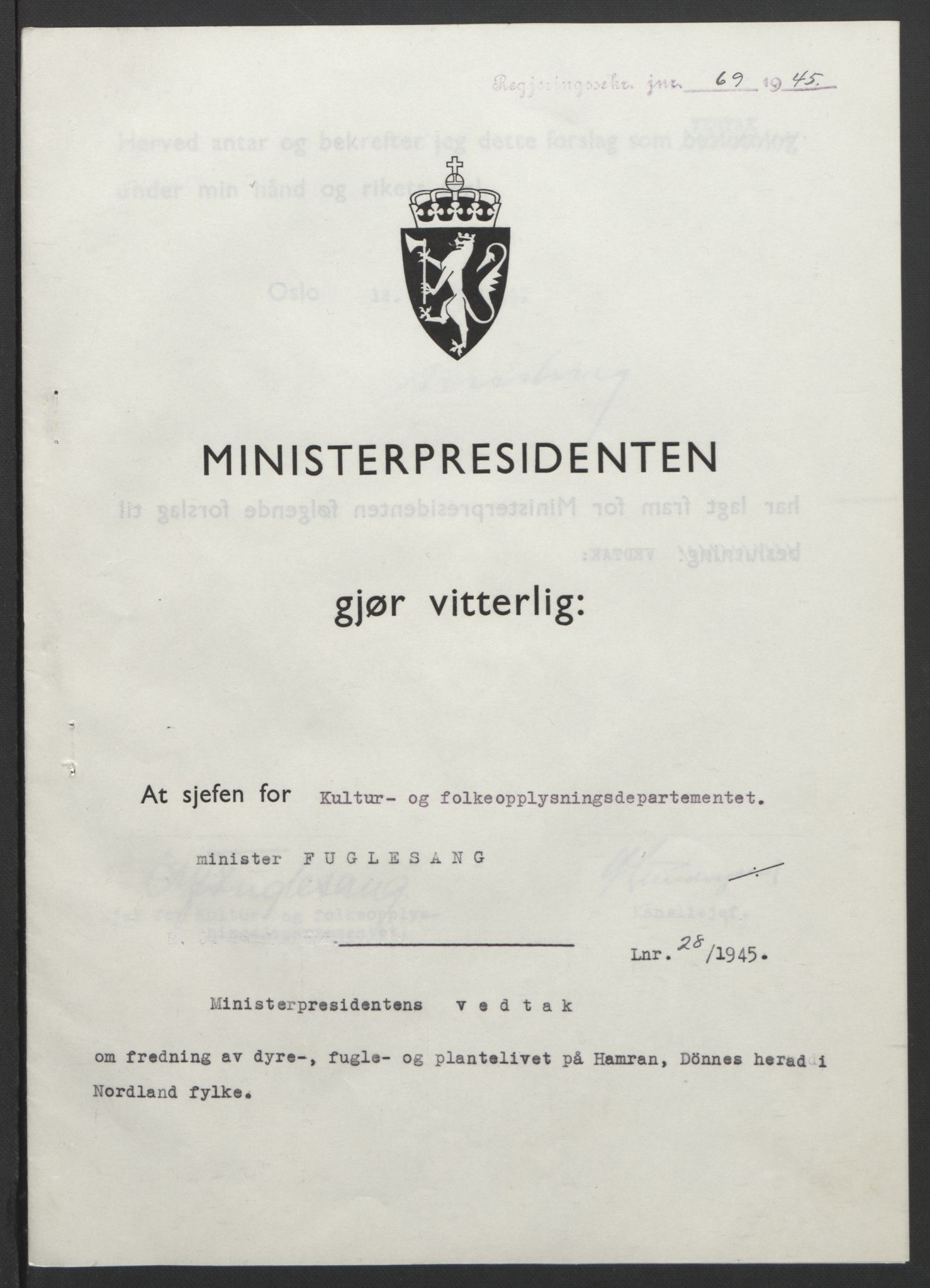 NS-administrasjonen 1940-1945 (Statsrådsekretariatet, de kommisariske statsråder mm), RA/S-4279/D/Db/L0101/0001: -- / Lover og vedtak, 1945, p. 241