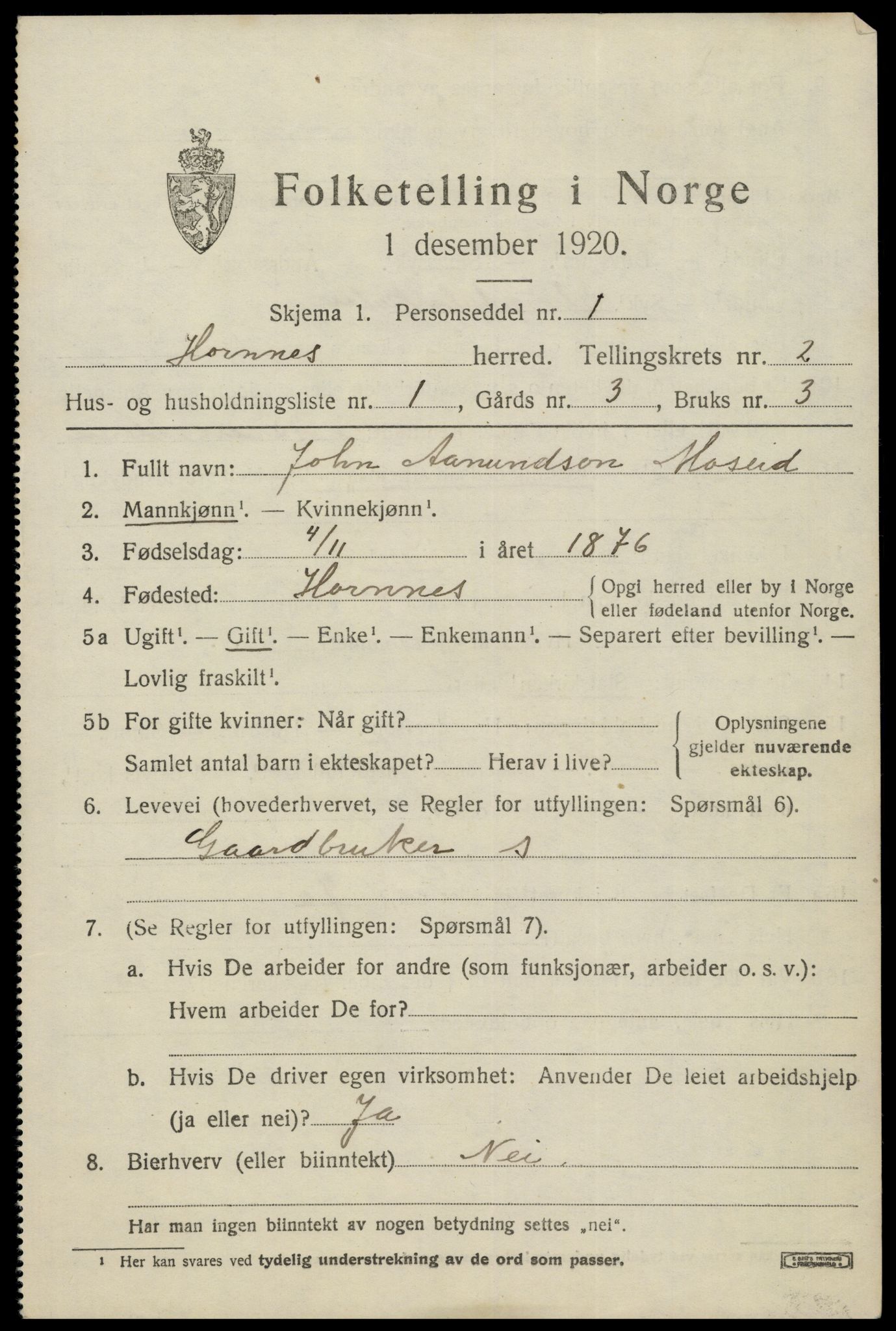 SAK, 1920 census for Hornnes, 1920, p. 701