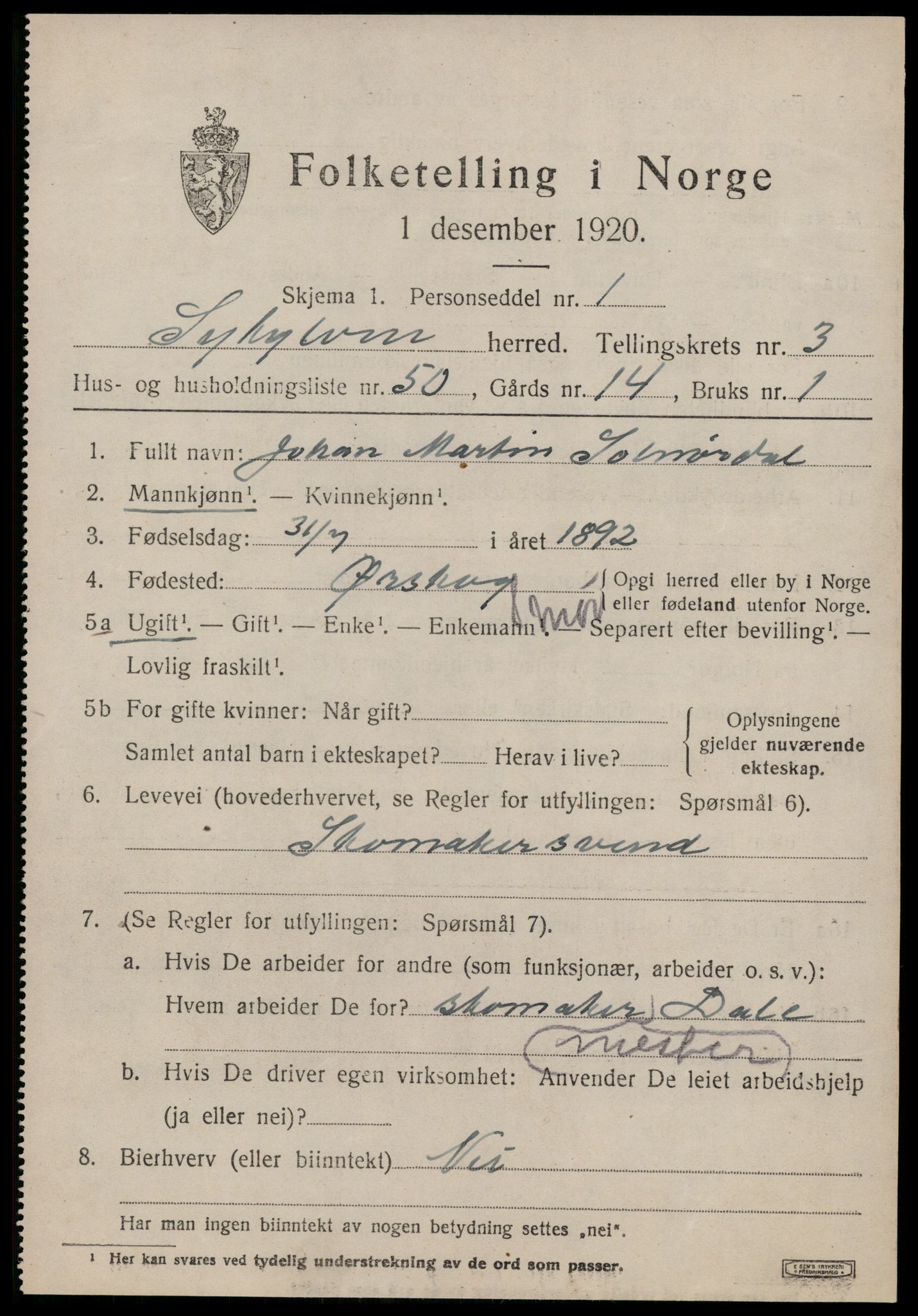 SAT, 1920 census for Sykkylven, 1920, p. 2723