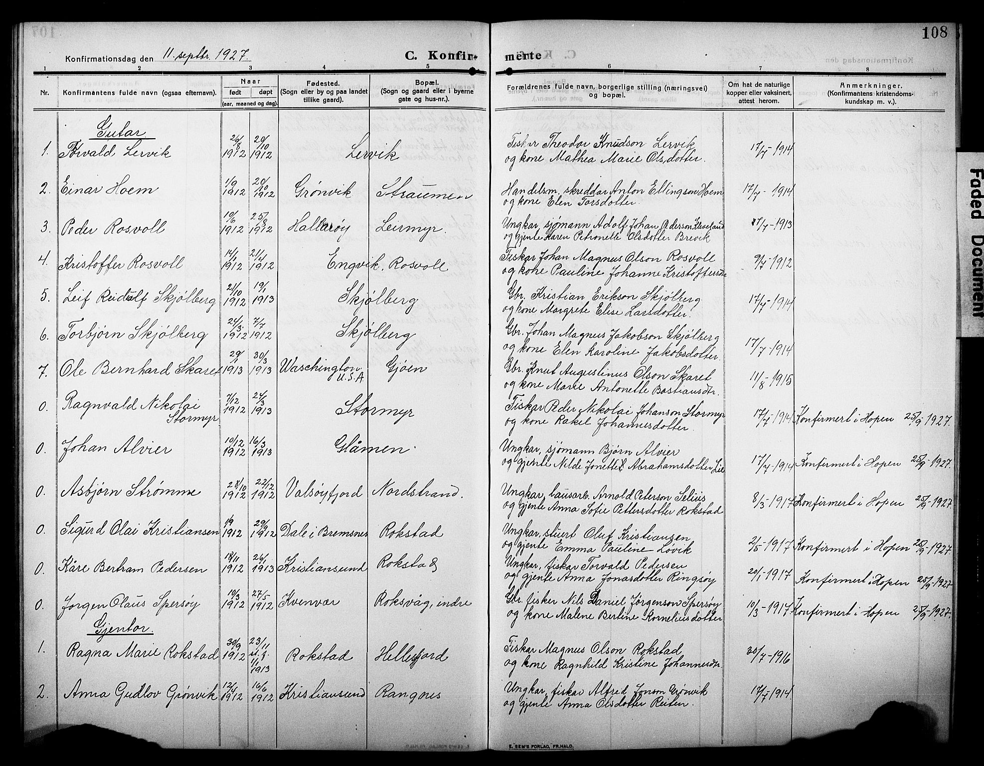 Ministerialprotokoller, klokkerbøker og fødselsregistre - Møre og Romsdal, SAT/A-1454/581/L0943: Parish register (copy) no. 581C01, 1909-1931, p. 108