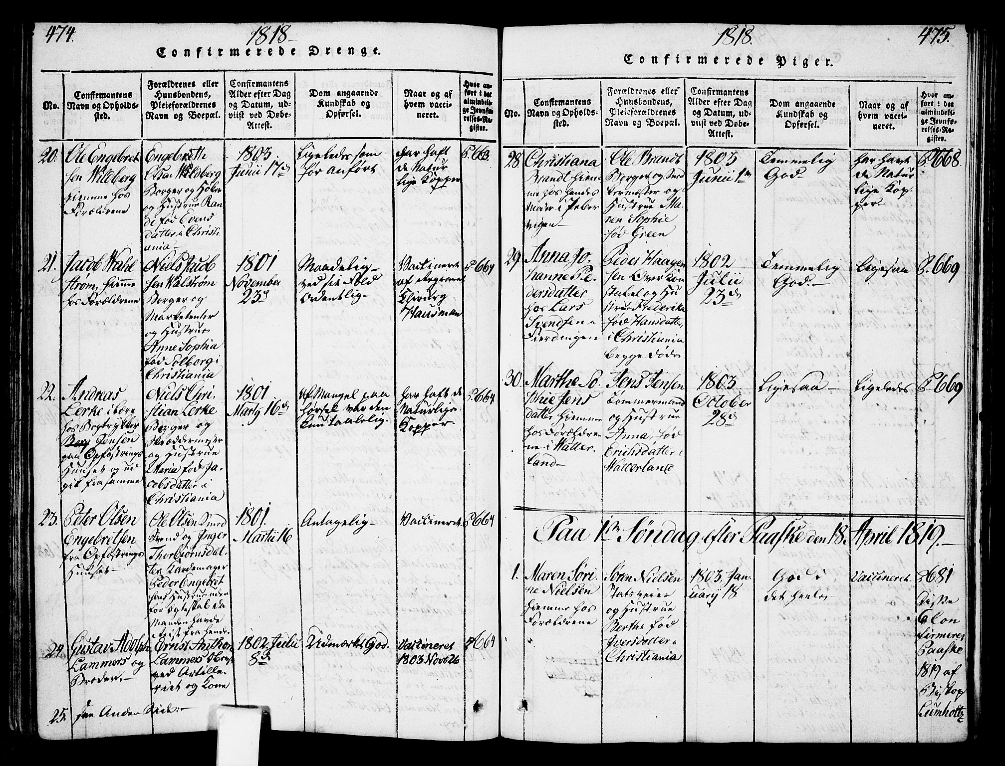 Oslo domkirke Kirkebøker, AV/SAO-A-10752/F/Fa/L0007: Parish register (official) no. 7, 1817-1824, p. 474-475