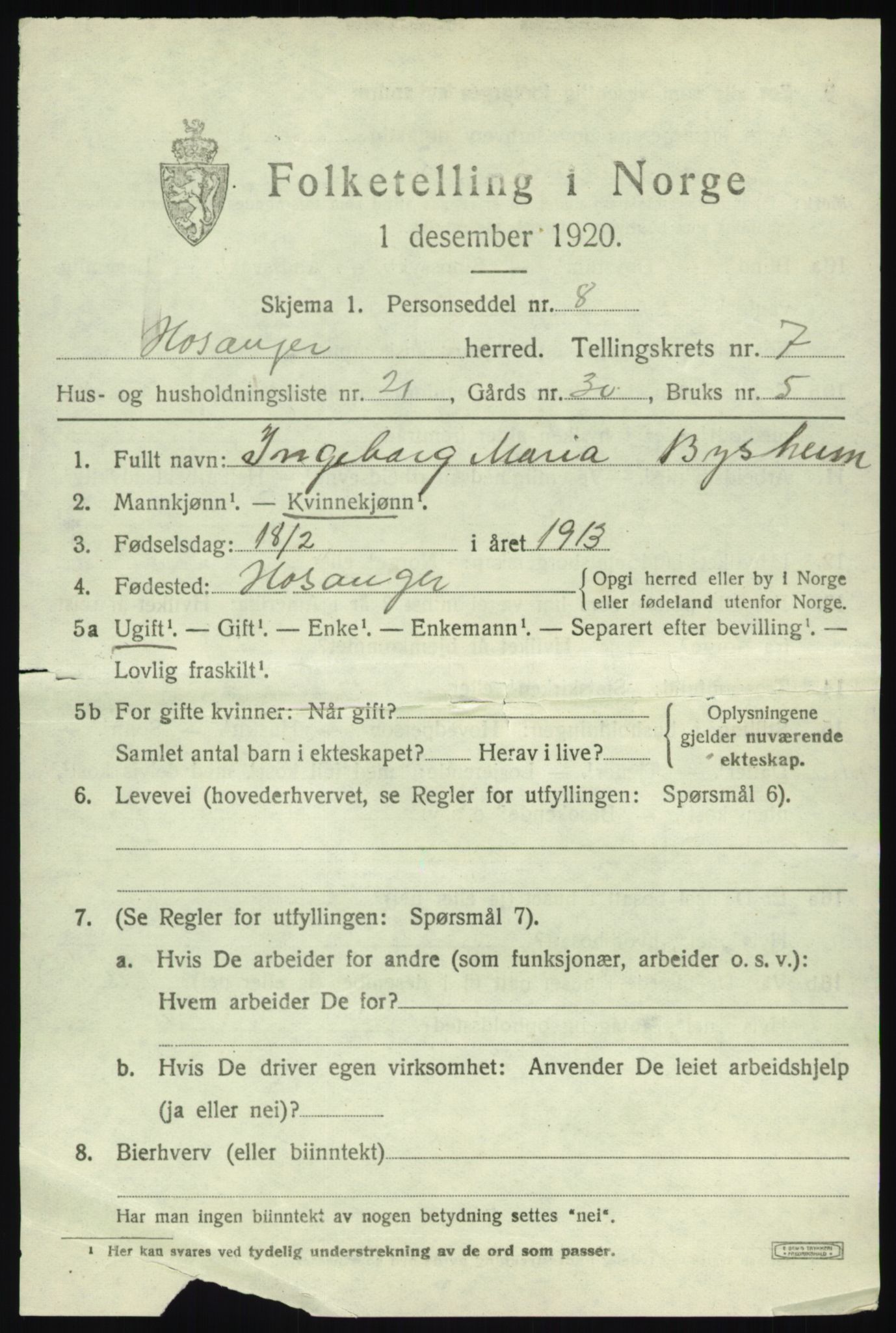 SAB, 1920 census for Hosanger, 1920, p. 3347