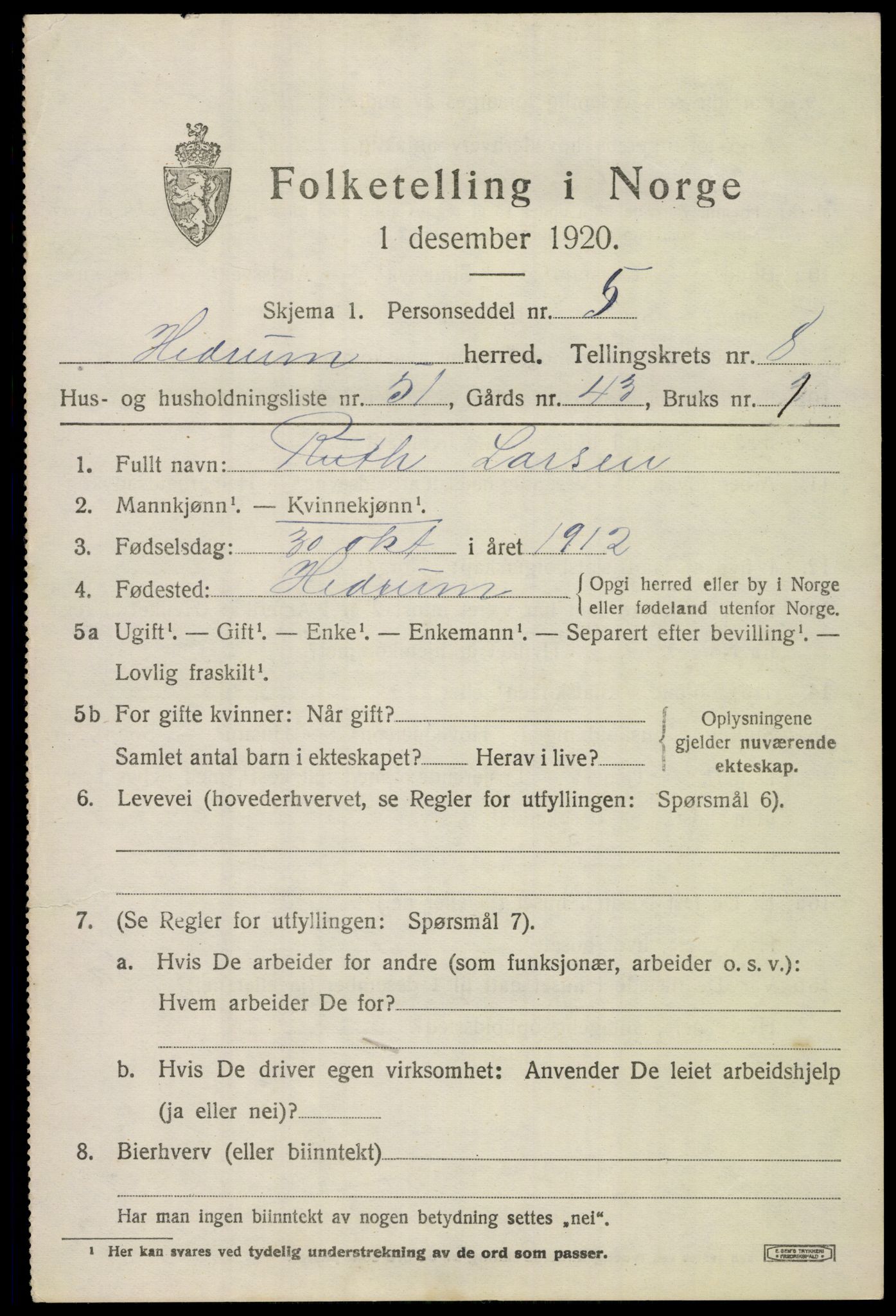 SAKO, 1920 census for Hedrum, 1920, p. 6799