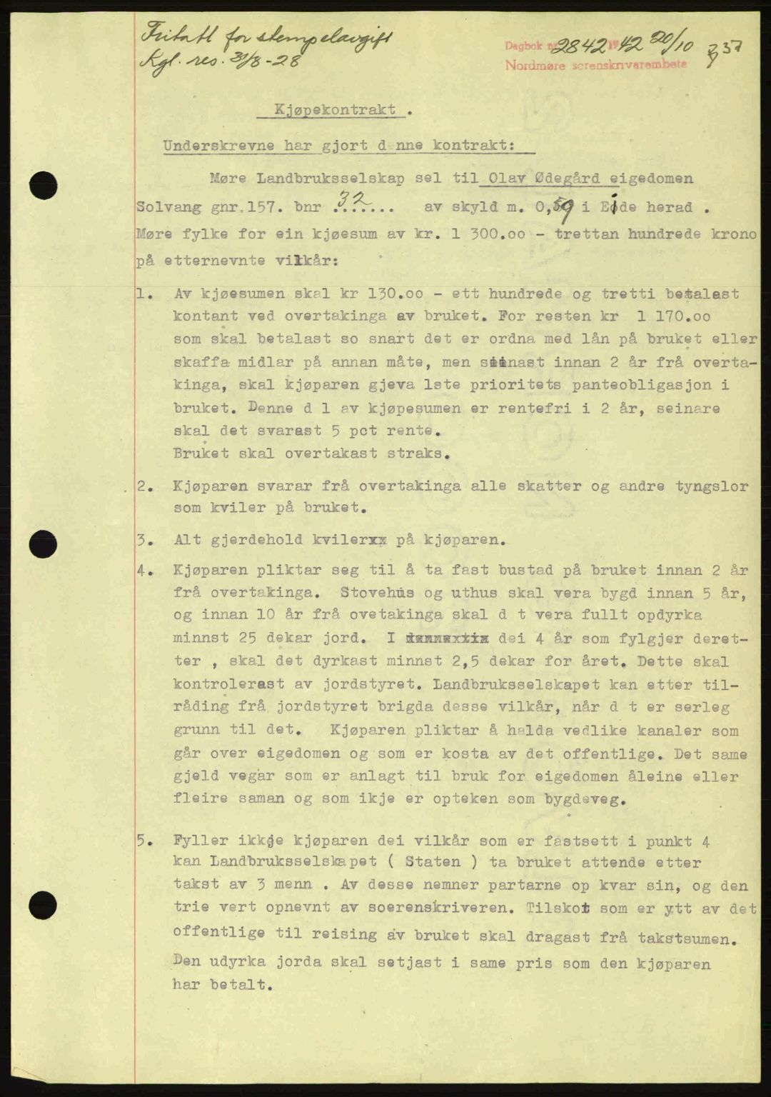 Nordmøre sorenskriveri, AV/SAT-A-4132/1/2/2Ca: Mortgage book no. B90, 1942-1943, Diary no: : 2842/1942