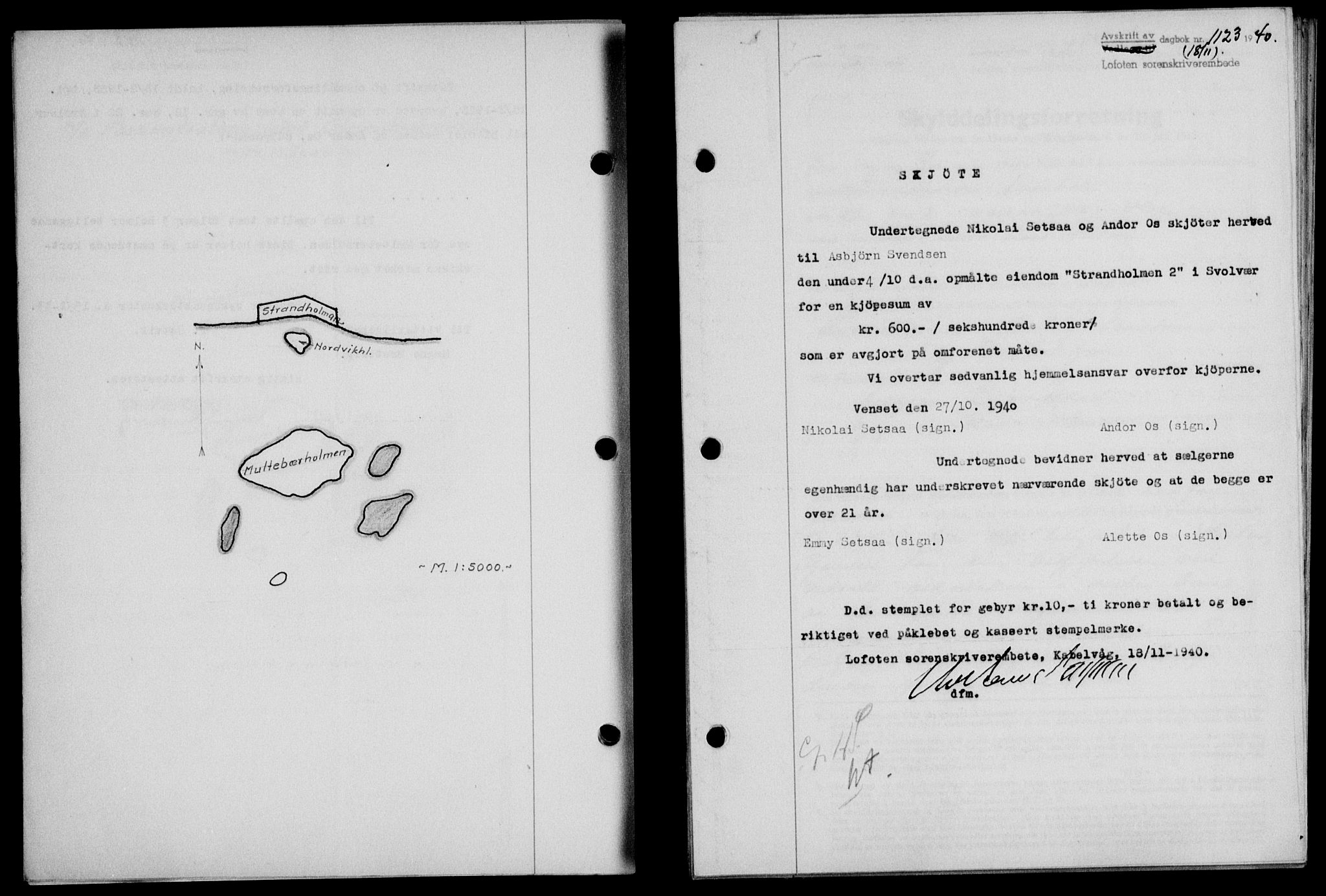 Lofoten sorenskriveri, SAT/A-0017/1/2/2C/L0008a: Mortgage book no. 8a, 1940-1941, Diary no: : 1123/1940