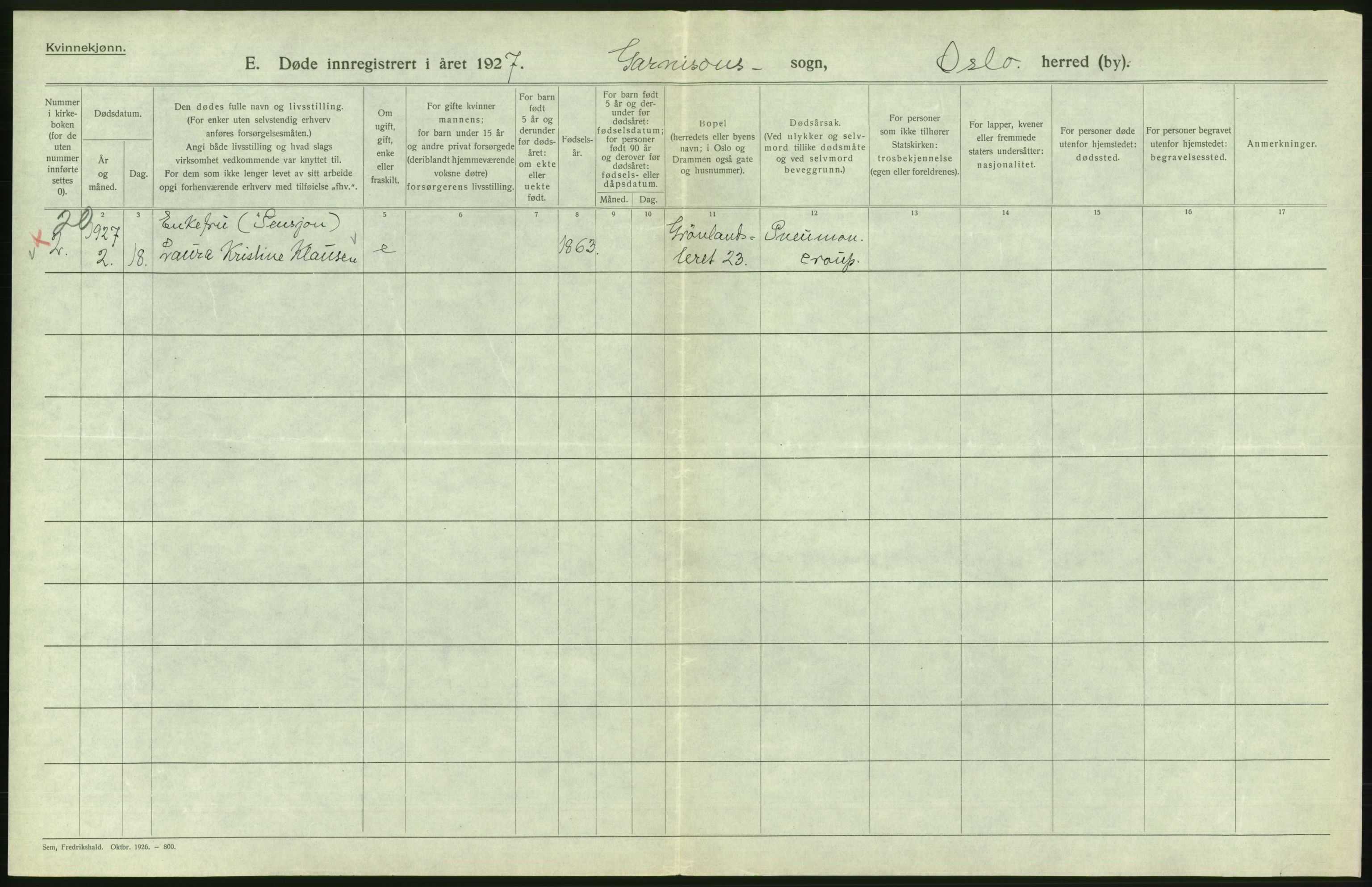 Statistisk sentralbyrå, Sosiodemografiske emner, Befolkning, AV/RA-S-2228/D/Df/Dfc/Dfcg/L0010: Oslo: Døde kvinner, dødfødte, 1927, p. 568