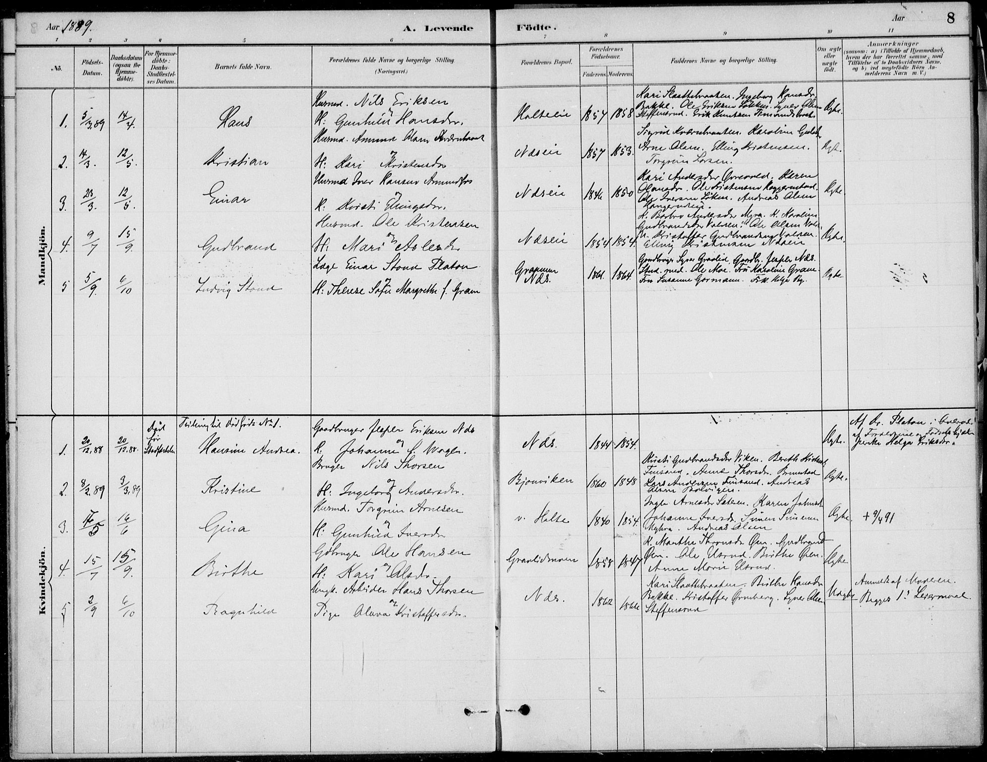 Ådal kirkebøker, AV/SAKO-A-248/F/Fa/L0004: Parish register (official) no. I 4, 1884-1904, p. 8