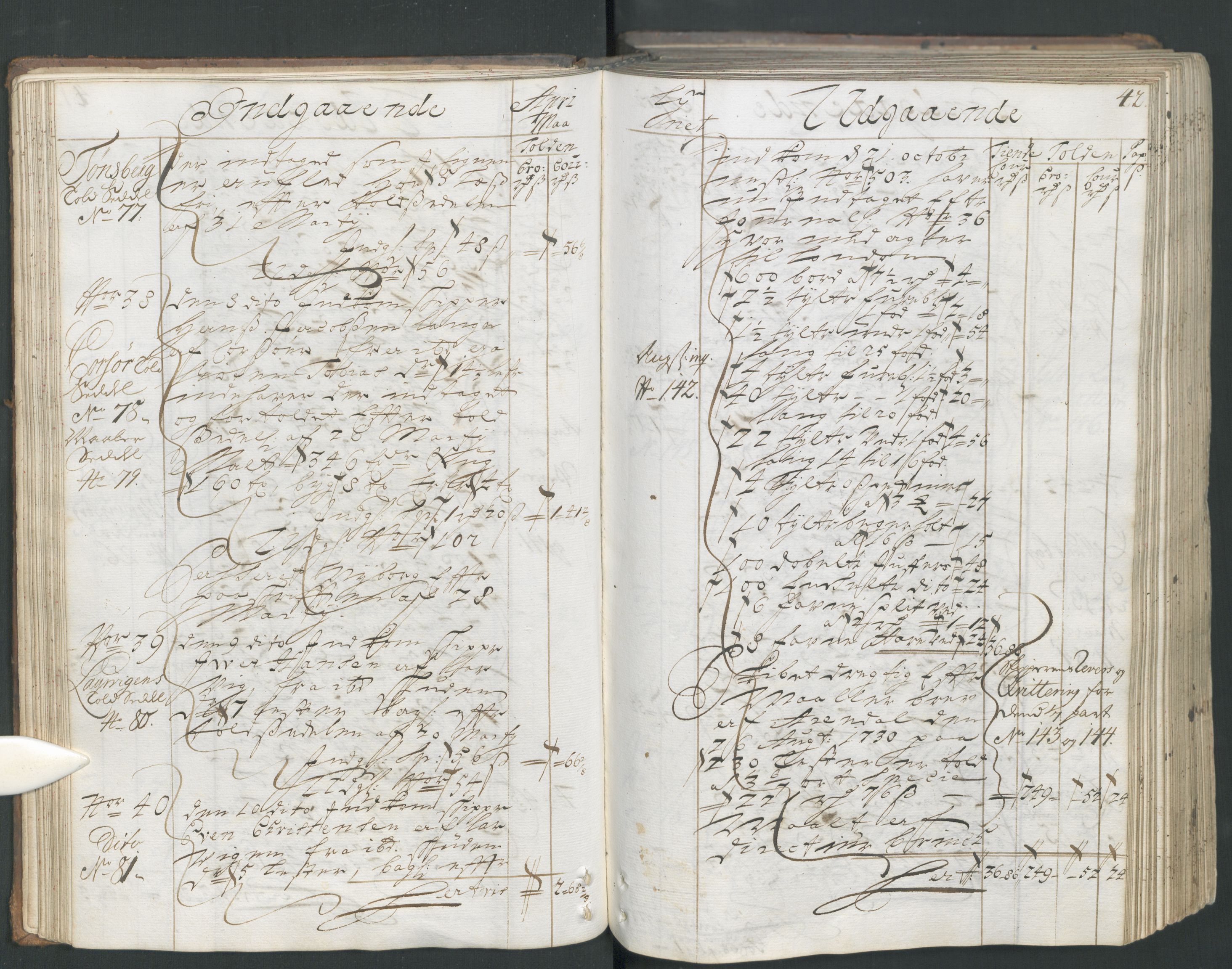 Generaltollkammeret, tollregnskaper, RA/EA-5490/R15/L0013/0001: Tollregnskaper Arendal / Hovedtollbok, 1733, p. 41b-42a