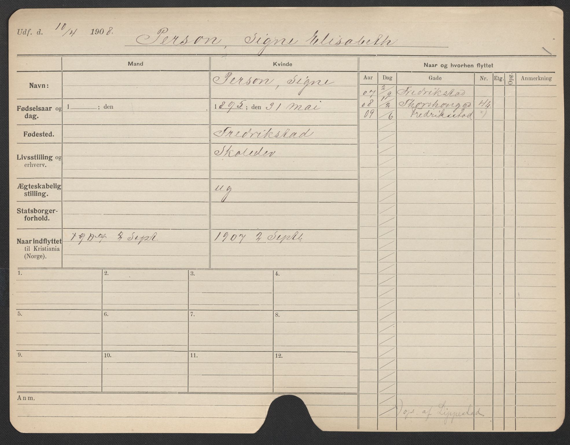 Oslo folkeregister, Registerkort, AV/SAO-A-11715/F/Fa/Fac/L0022: Kvinner, 1906-1914, p. 872a