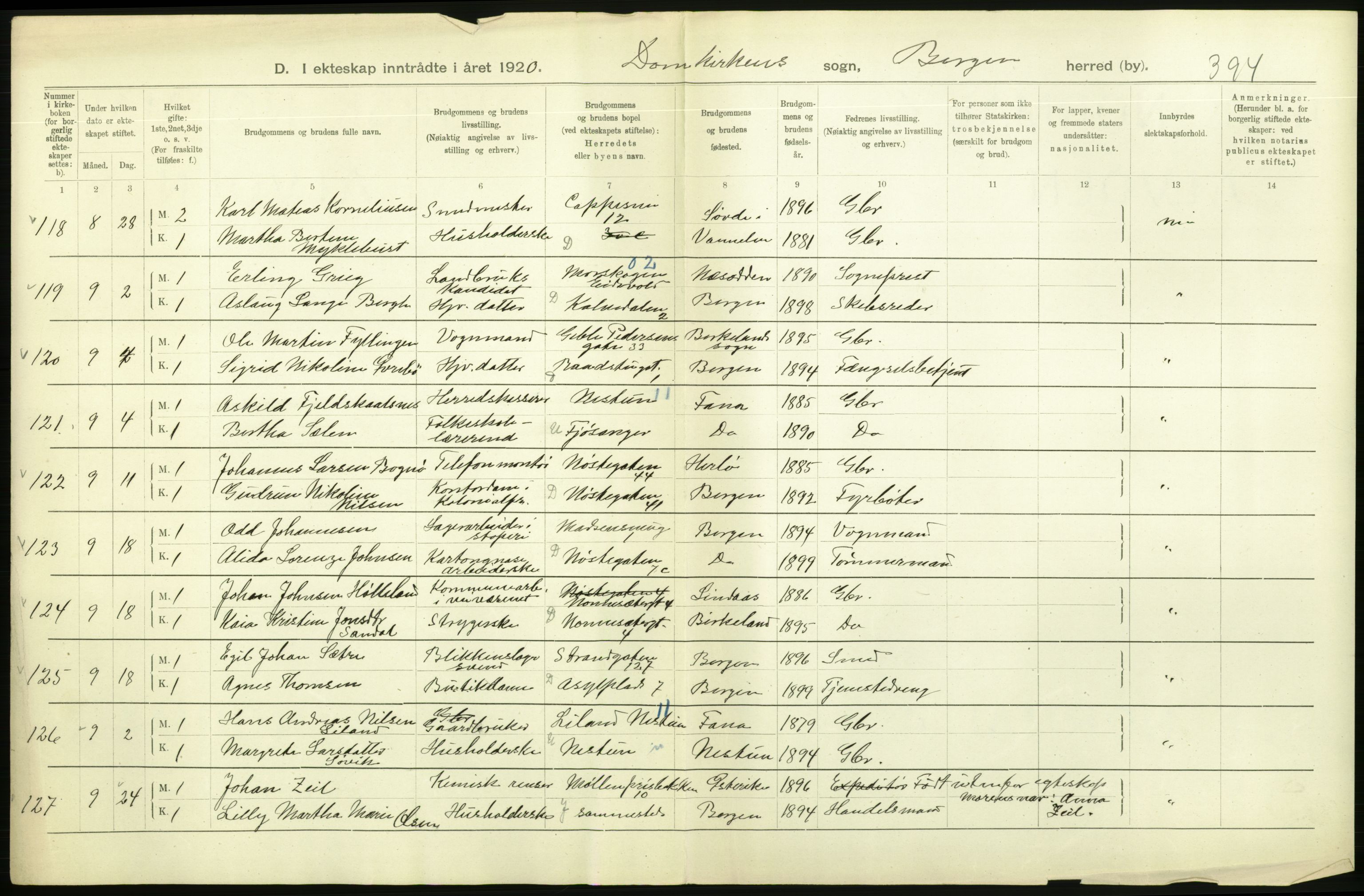 Statistisk sentralbyrå, Sosiodemografiske emner, Befolkning, AV/RA-S-2228/D/Df/Dfb/Dfbj/L0042: Bergen: Gifte, døde, dødfødte., 1920, p. 232