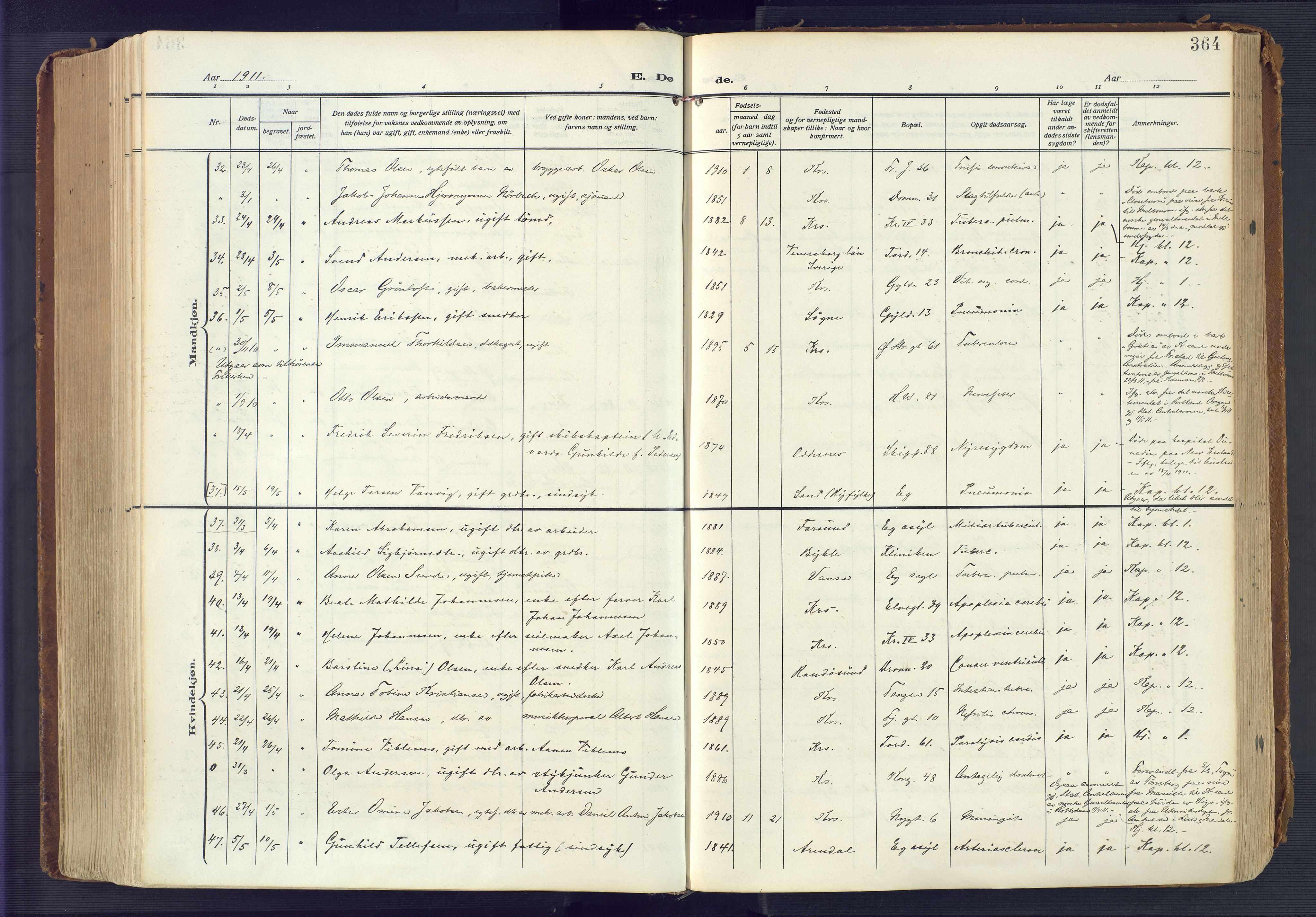 Kristiansand domprosti, AV/SAK-1112-0006/F/Fa/L0023: Parish register (official) no. A 22, 1909-1917, p. 364