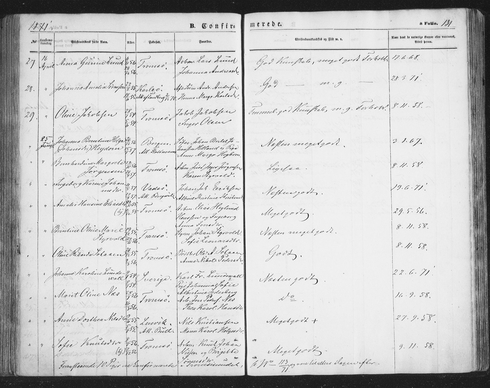 Tromsø sokneprestkontor/stiftsprosti/domprosti, SATØ/S-1343/G/Ga/L0012kirke: Parish register (official) no. 12, 1865-1871, p. 131
