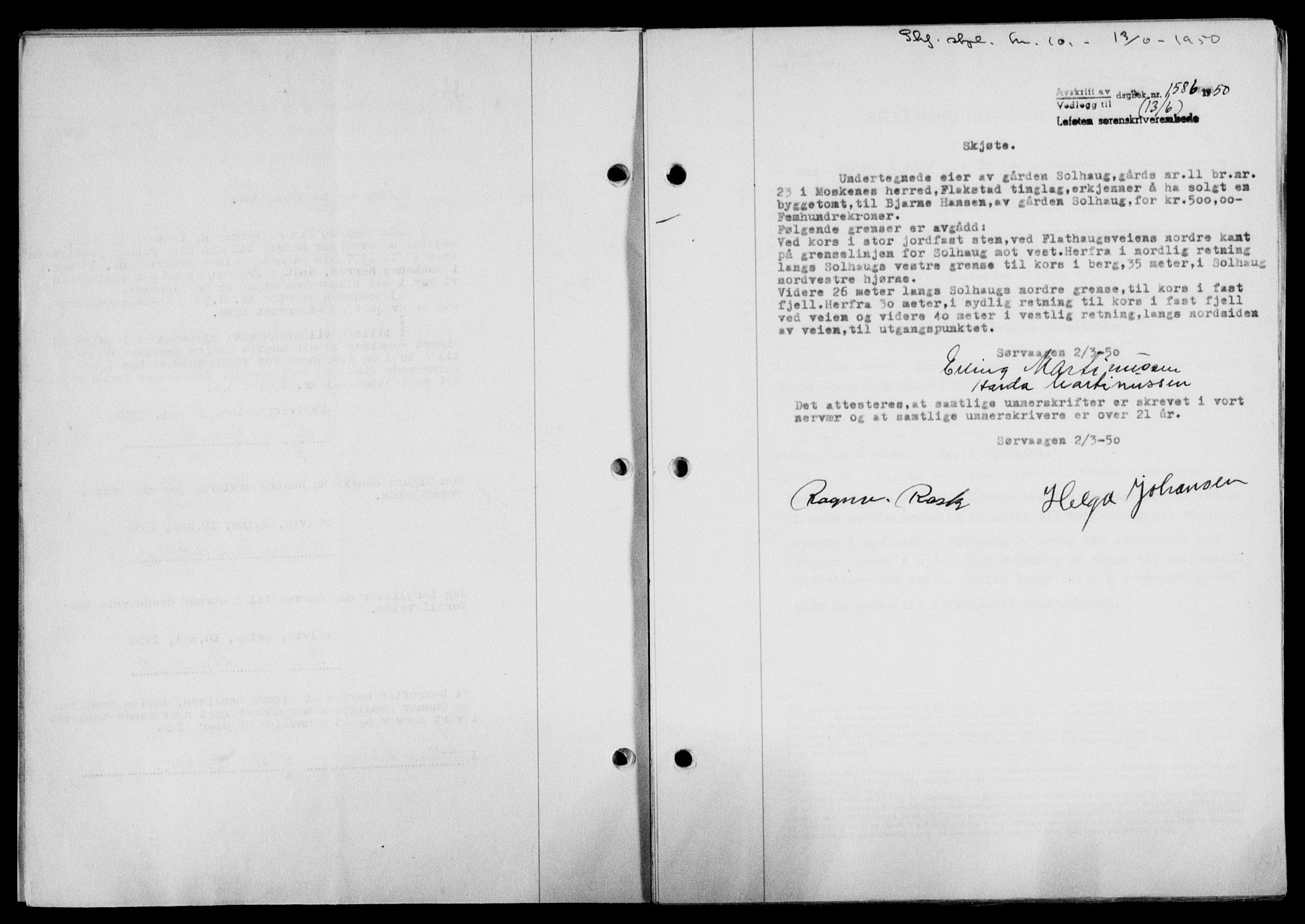 Lofoten sorenskriveri, SAT/A-0017/1/2/2C/L0023a: Mortgage book no. 23a, 1950-1950, Diary no: : 1586/1950