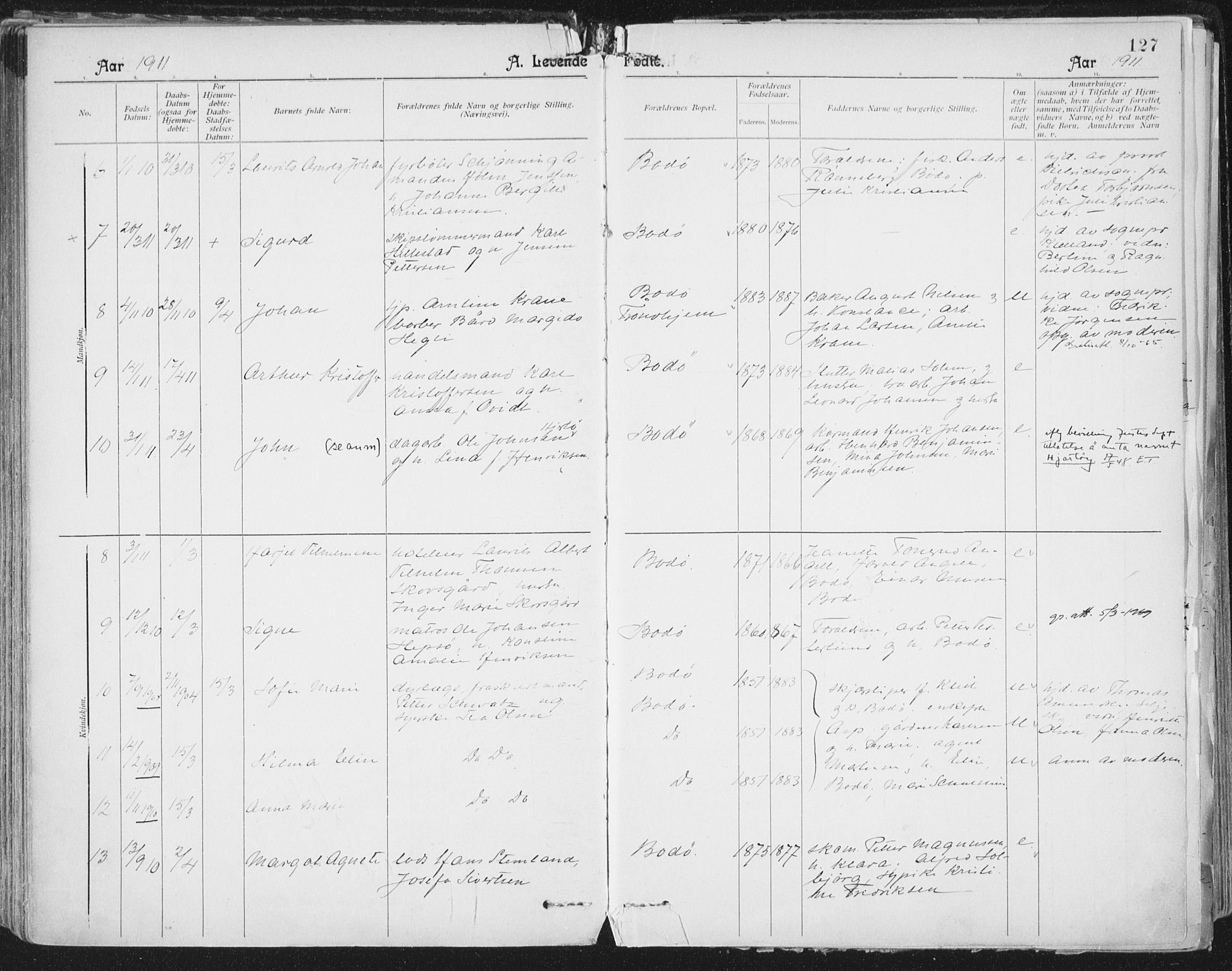 Ministerialprotokoller, klokkerbøker og fødselsregistre - Nordland, AV/SAT-A-1459/801/L0011: Parish register (official) no. 801A11, 1900-1916, p. 127