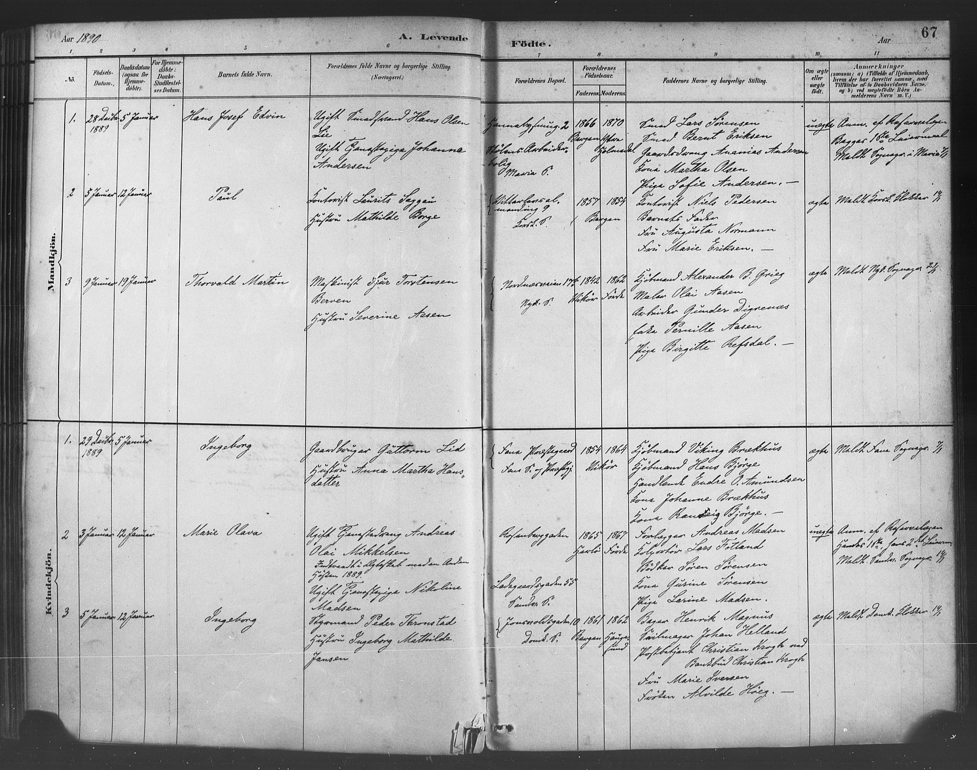 Fødselsstiftelsens sokneprestembete*, SAB/-: Parish register (official) no. A 2, 1884-1900, p. 67