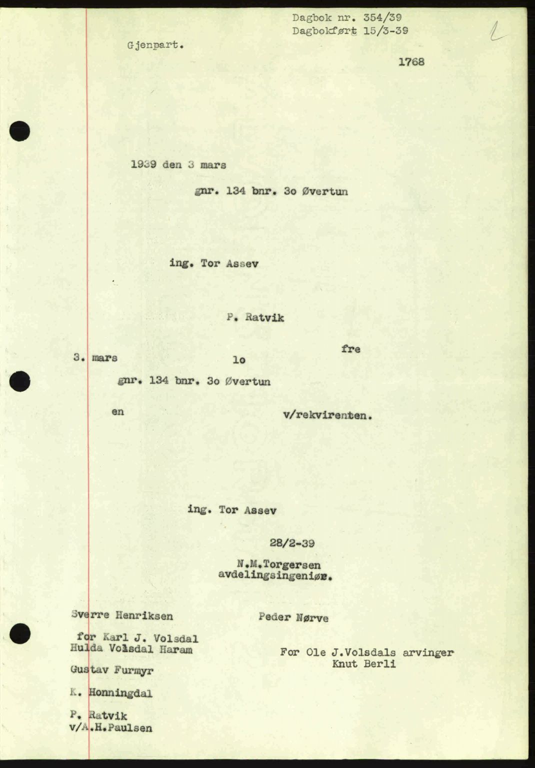 Ålesund byfogd, AV/SAT-A-4384: Mortgage book no. 34 II, 1938-1940, Diary no: : 354/1939