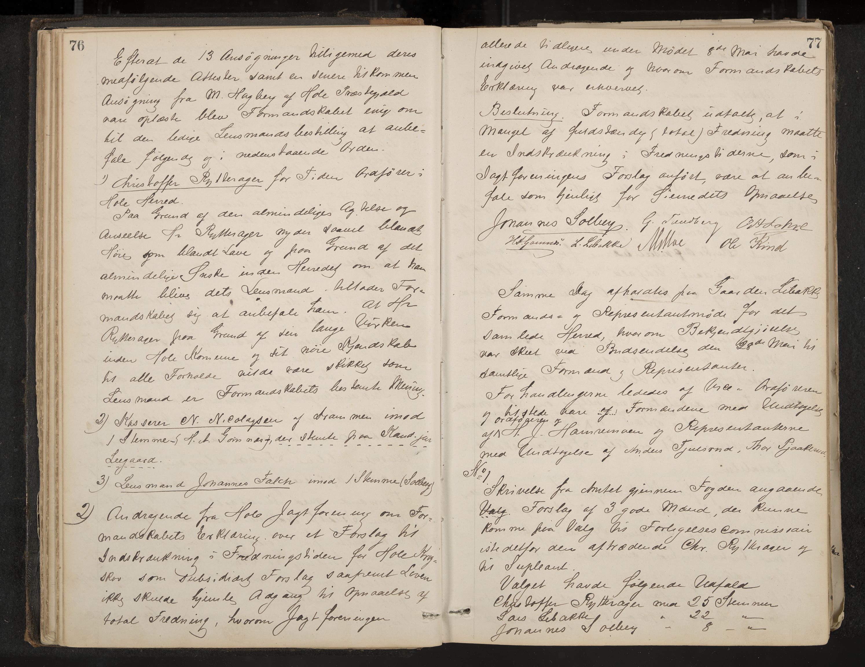 Hole formannskap og sentraladministrasjon, IKAK/0612021-1/A/Aa/L0002: Møtebok med register, 1875-1892, p. 76-77