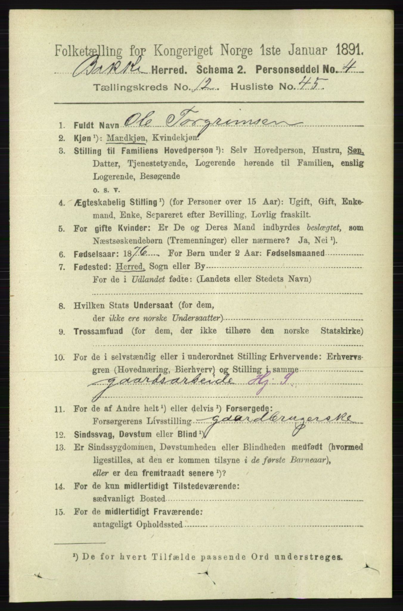 RA, 1891 census for 1045 Bakke, 1891, p. 2663