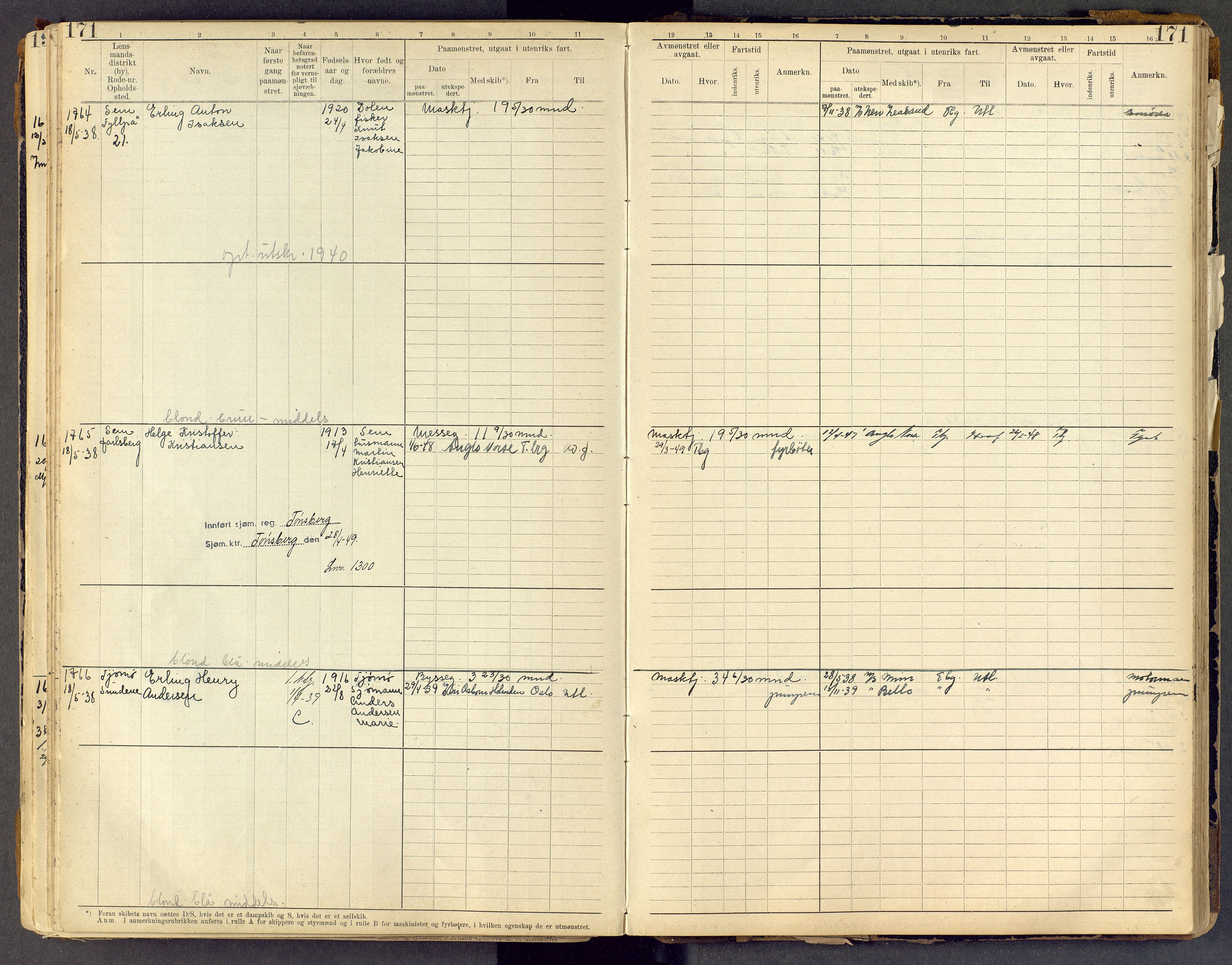 Tønsberg innrulleringskontor, AV/SAKO-A-786/F/Fe/L0005: Maskinist- og fyrbøterrulle Patent nr. 1080-1993, 1923-1945, p. 171