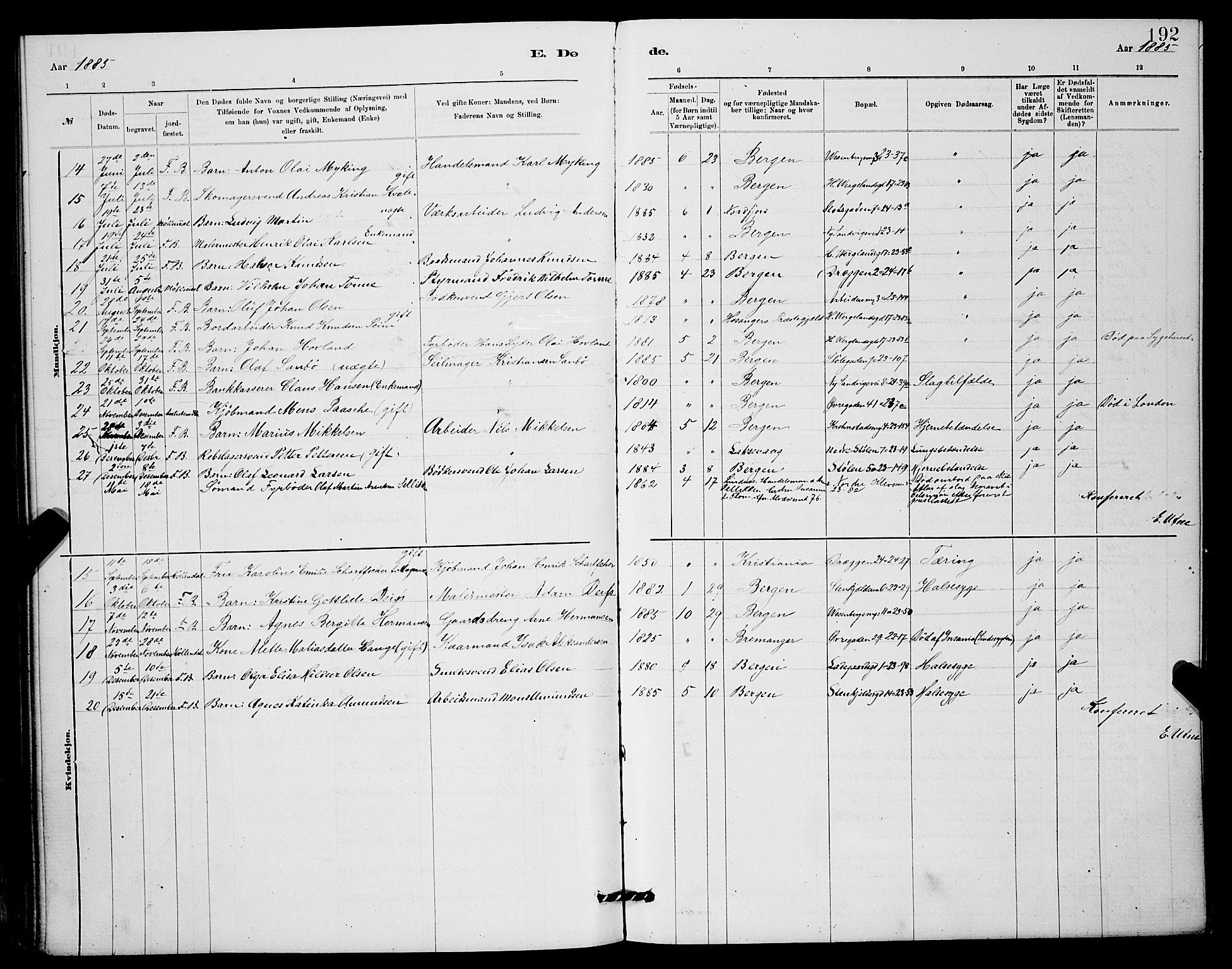 Mariakirken Sokneprestembete, SAB/A-76901/H/Hab/L0004: Parish register (copy) no. A 4, 1878-1892, p. 192