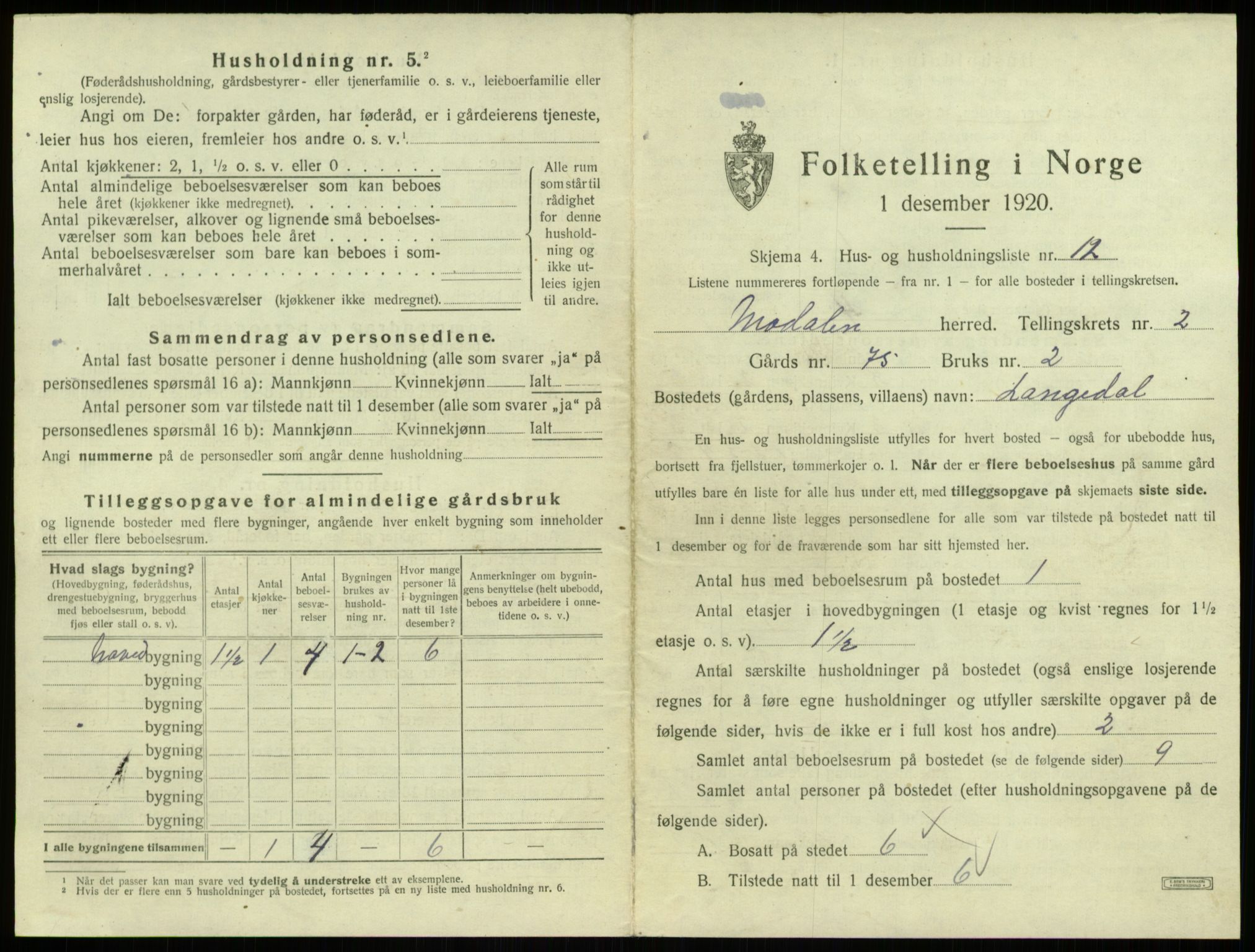 SAB, 1920 census for Modalen, 1920, p. 72