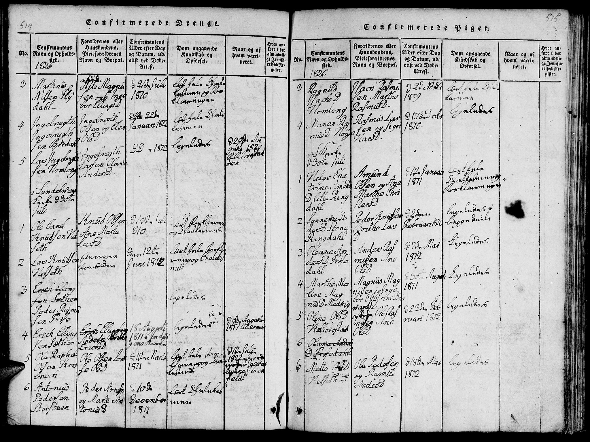 Ministerialprotokoller, klokkerbøker og fødselsregistre - Møre og Romsdal, SAT/A-1454/519/L0260: Parish register (copy) no. 519C01, 1817-1829, p. 514-515