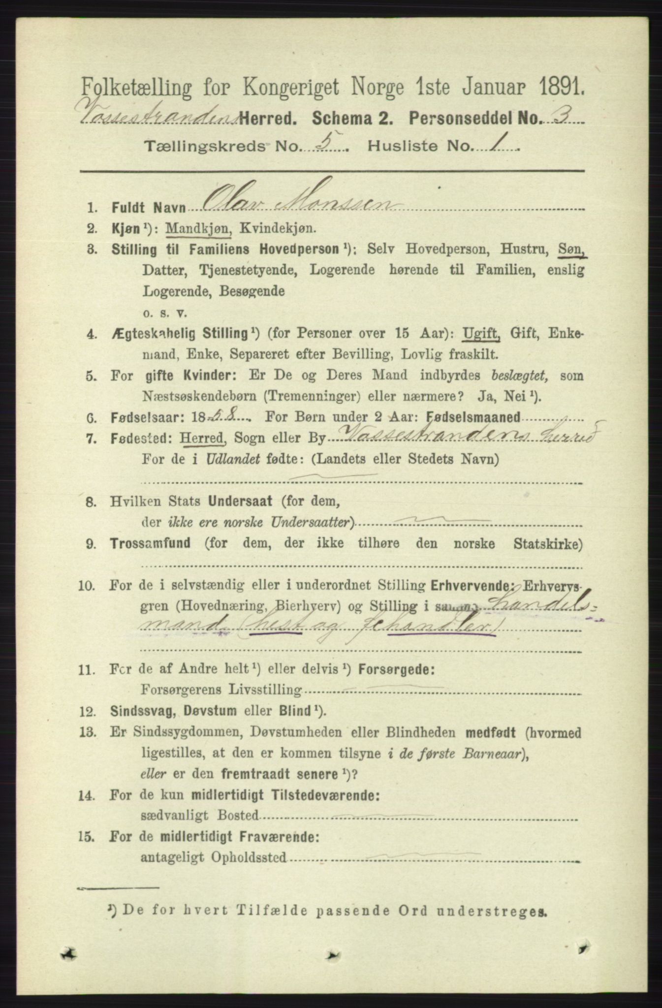 RA, 1891 census for 1236 Vossestrand, 1891, p. 1898