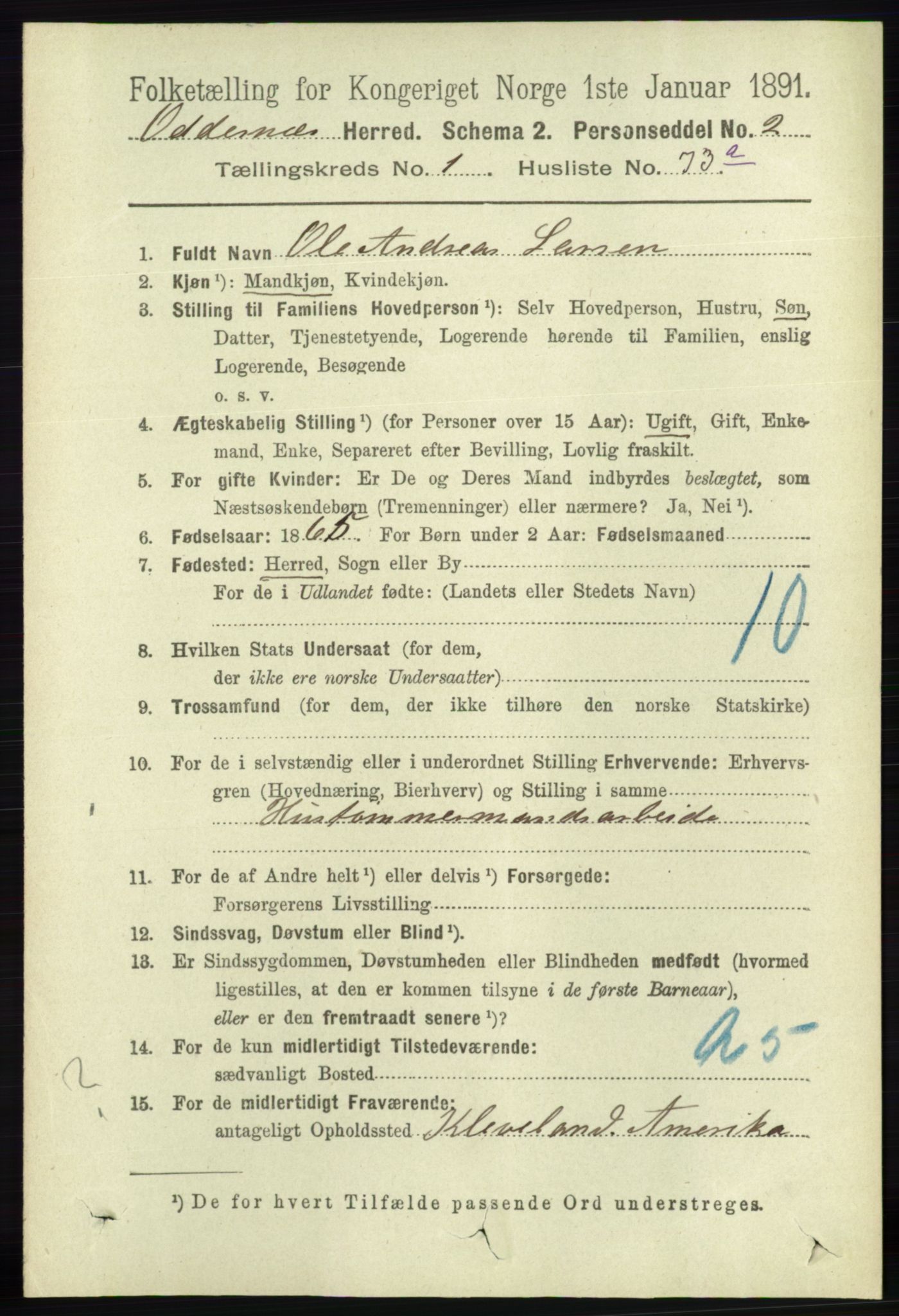 RA, 1891 census for 1012 Oddernes, 1891, p. 513