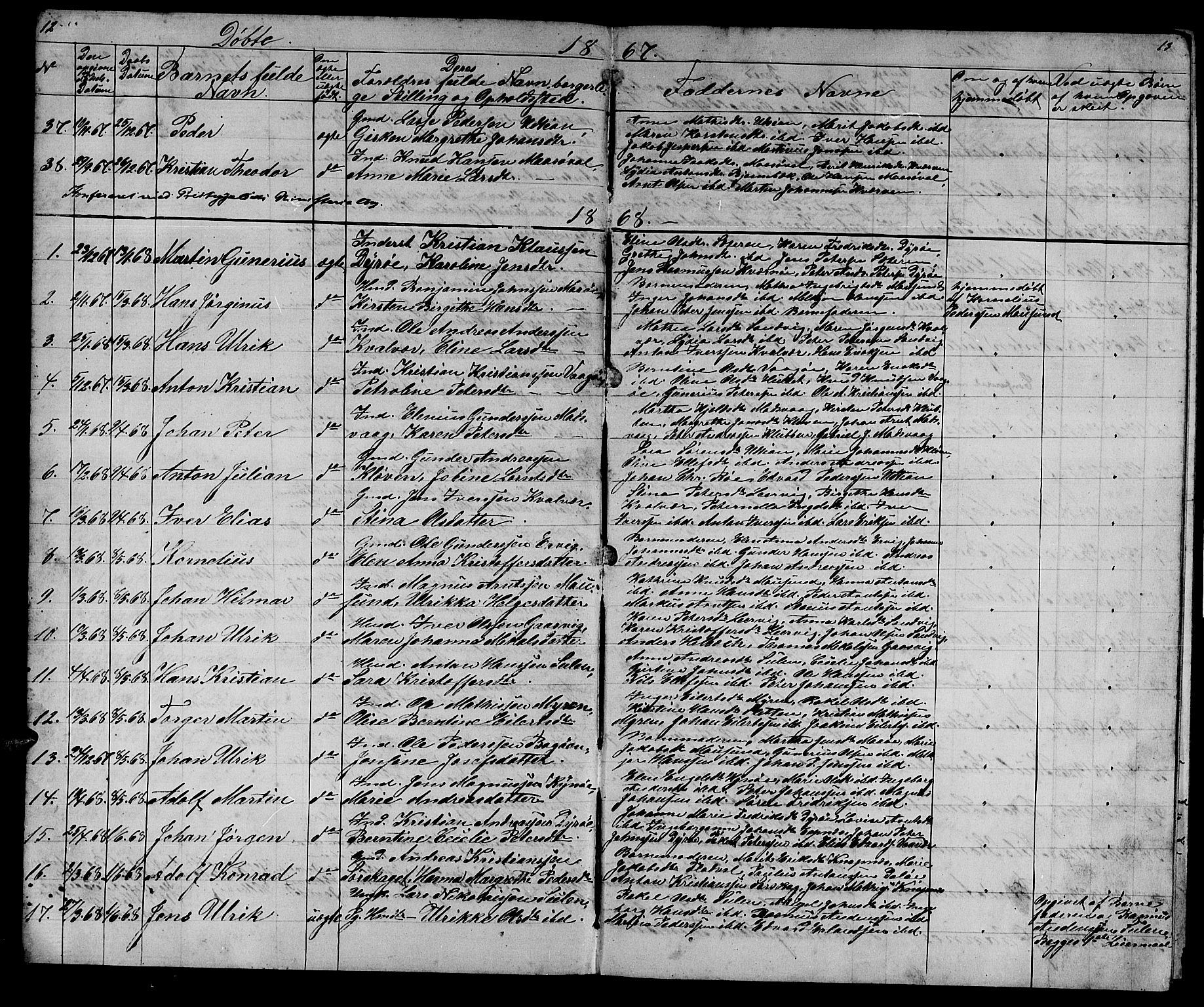 Ministerialprotokoller, klokkerbøker og fødselsregistre - Sør-Trøndelag, SAT/A-1456/640/L0583: Parish register (copy) no. 640C01, 1866-1877, p. 12-13