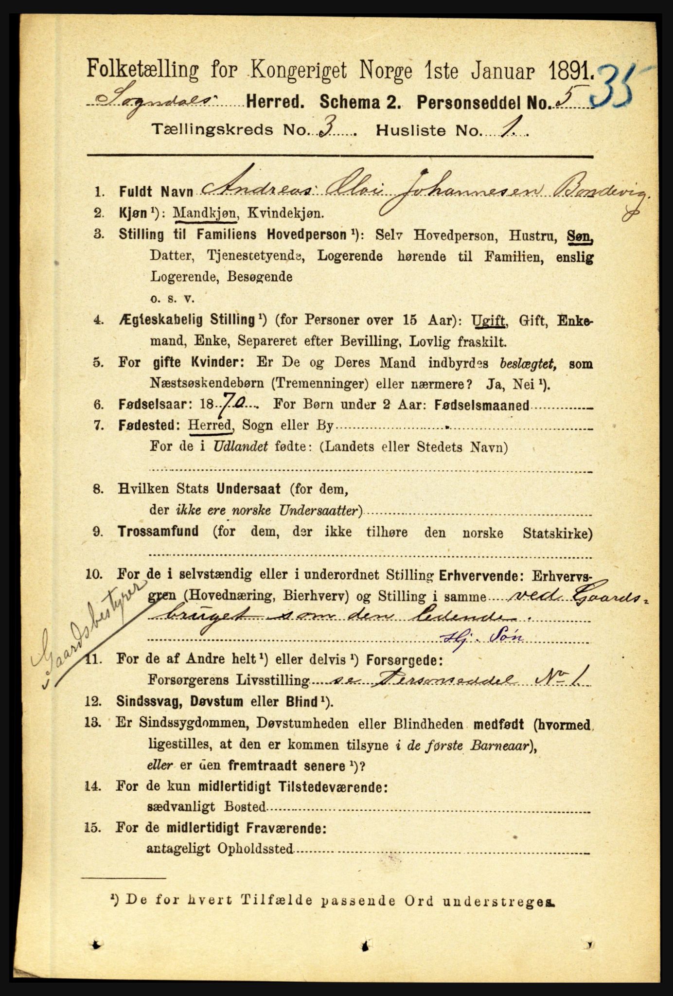 RA, 1891 census for 1420 Sogndal, 1891, p. 1487