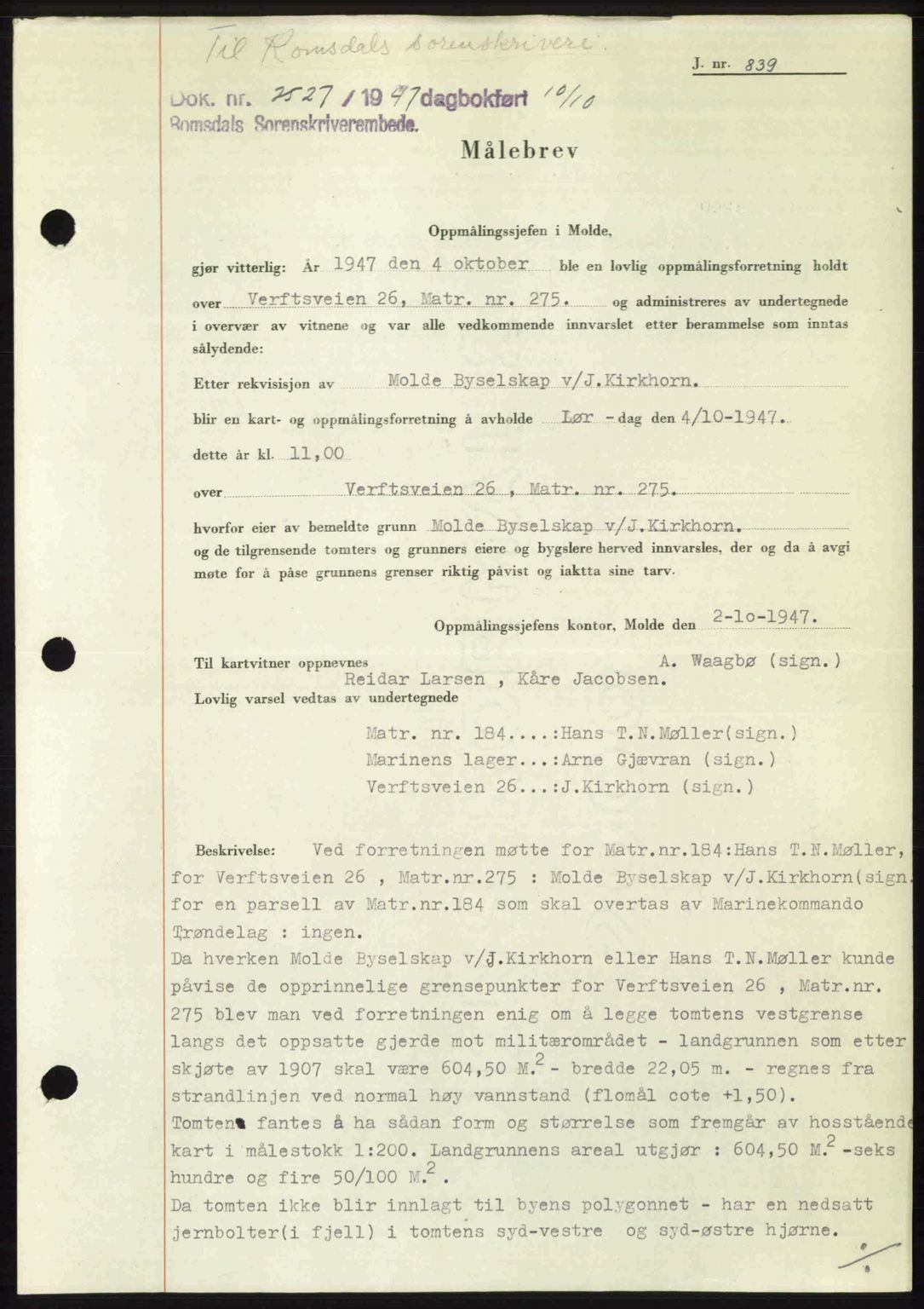 Romsdal sorenskriveri, SAT/A-4149/1/2/2C: Mortgage book no. A24, 1947-1947, Diary no: : 2527/1947