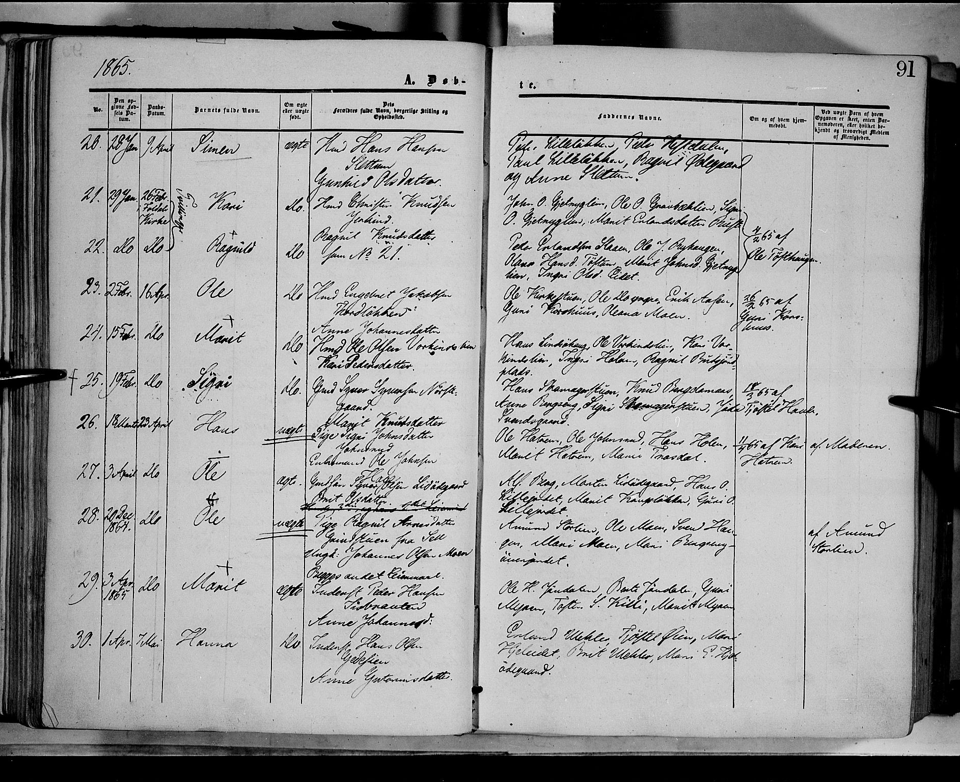 Dovre prestekontor, AV/SAH-PREST-066/H/Ha/Haa/L0001: Parish register (official) no. 1, 1854-1878, p. 91