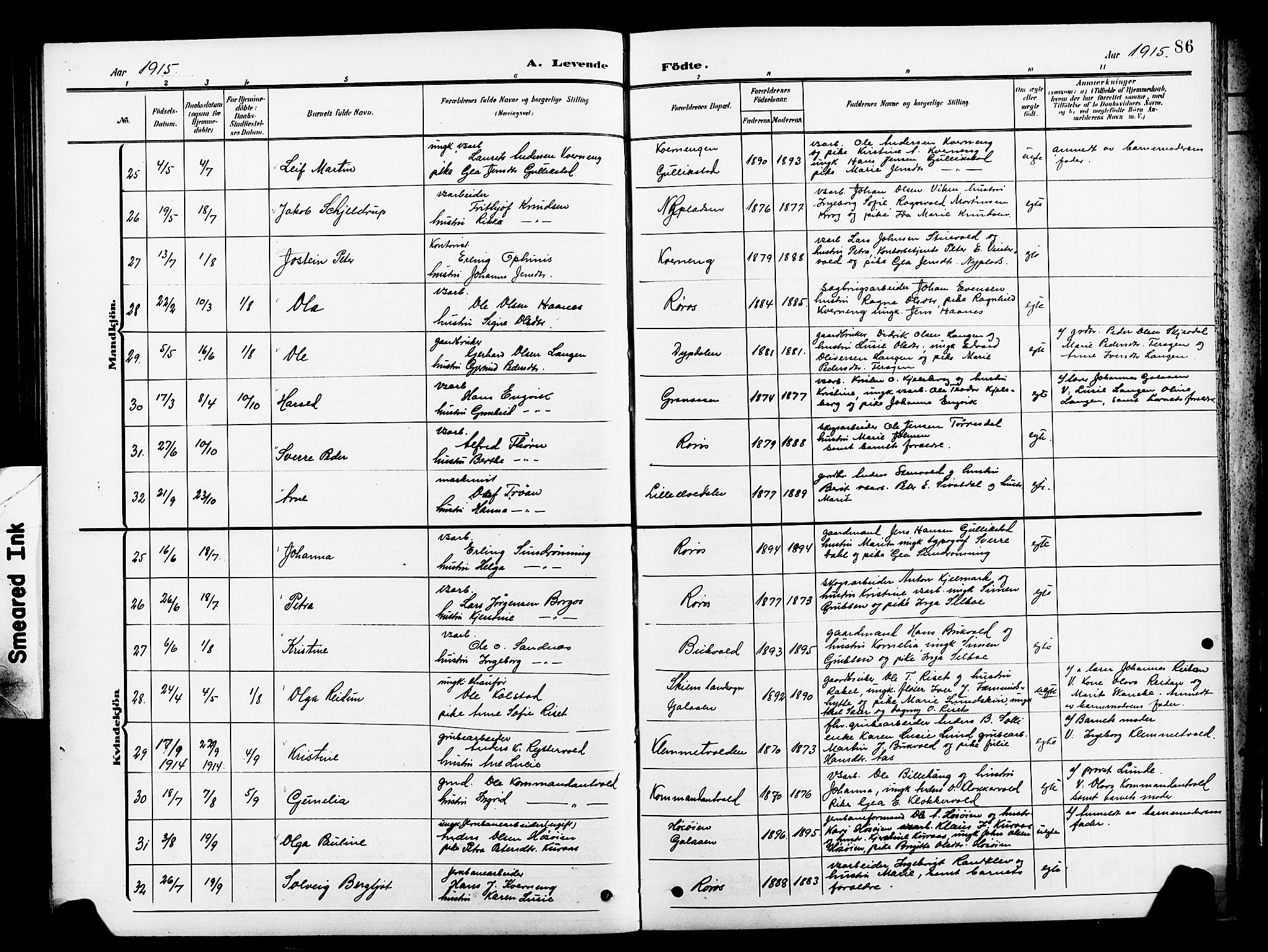 Ministerialprotokoller, klokkerbøker og fødselsregistre - Sør-Trøndelag, AV/SAT-A-1456/681/L0942: Parish register (copy) no. 681C06, 1906-1925, p. 86