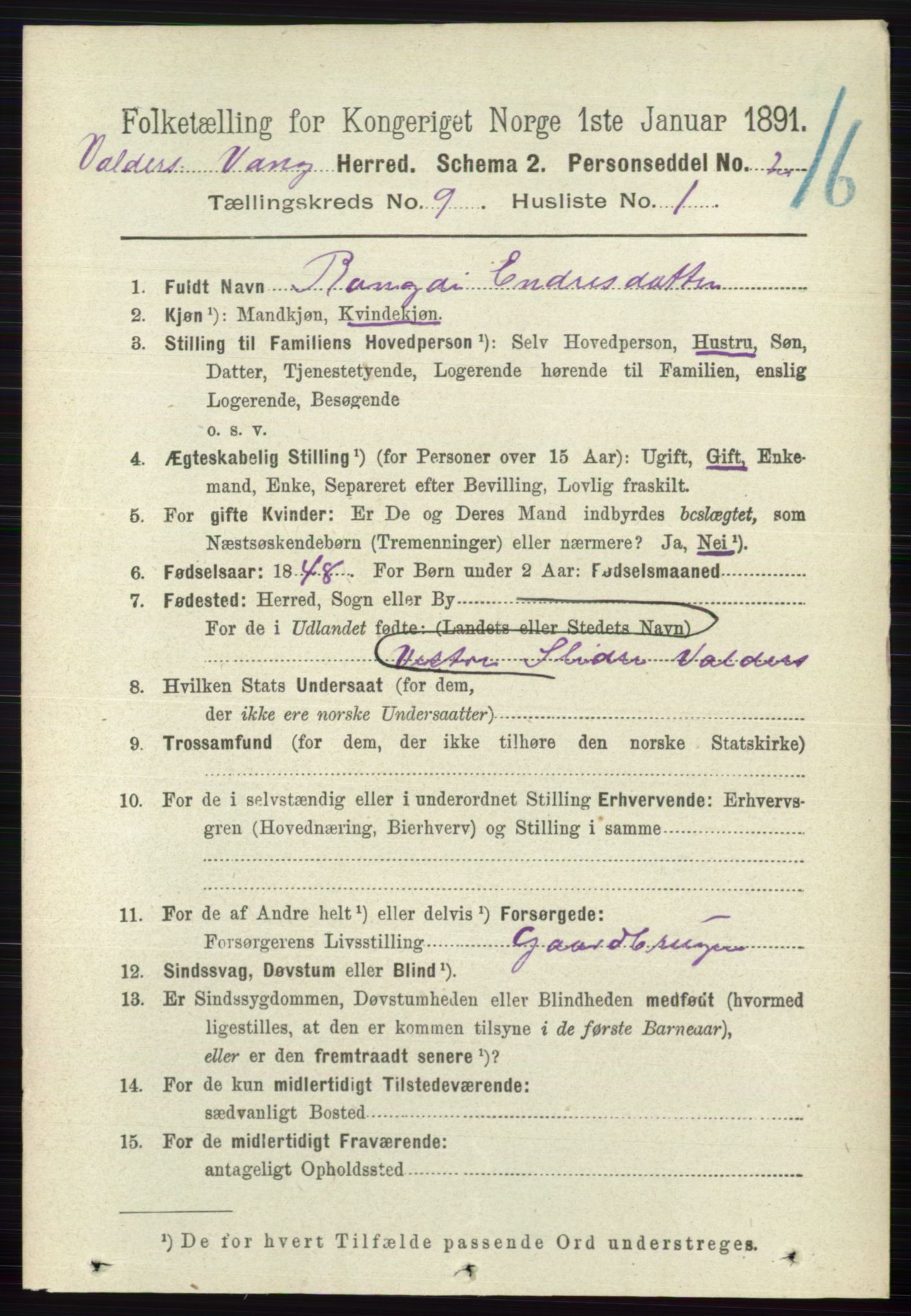 RA, 1891 census for 0545 Vang, 1891, p. 1959